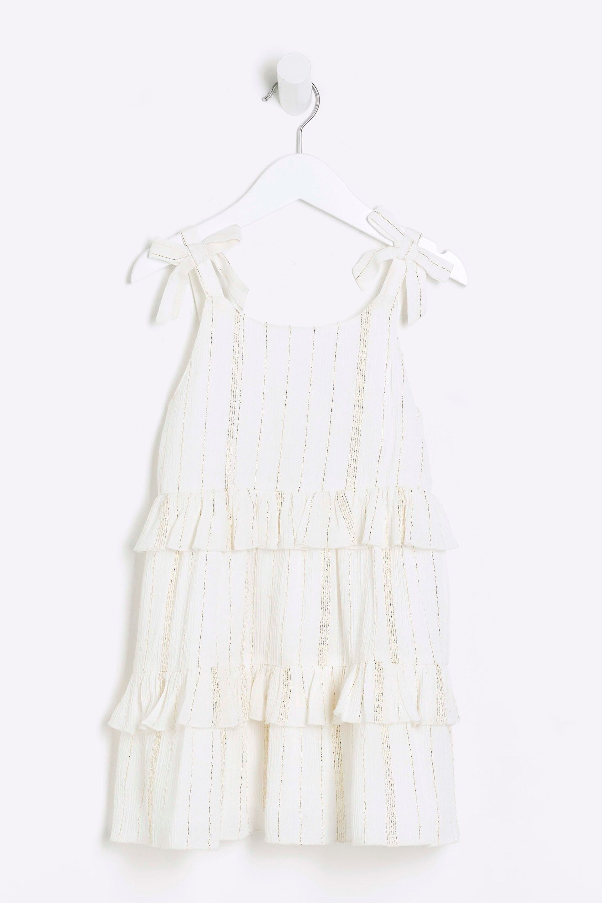River Island Cream Mini Girls Coral Sparkle Tiered Dress - Image 1 of 4
