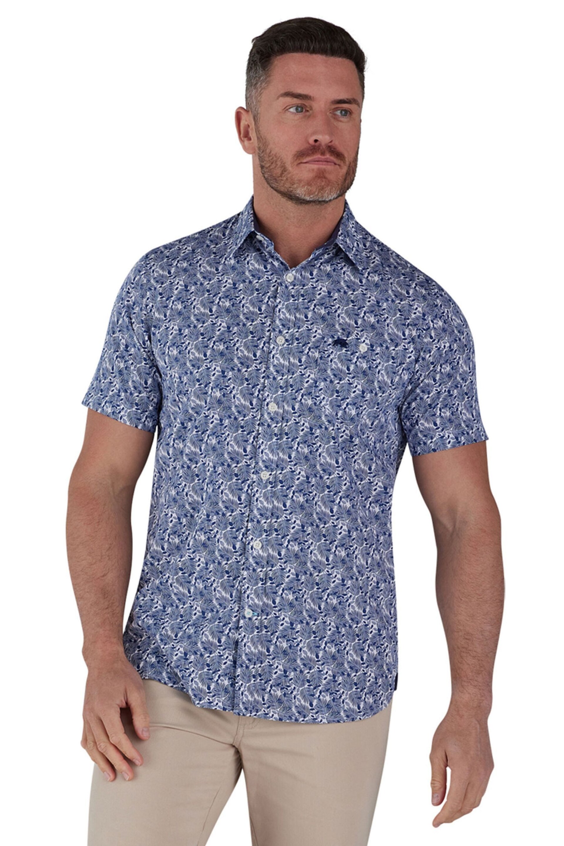 Raging Bull Short Sleeve Leaf Print Poplin Blue Shirt - Image 1 of 6