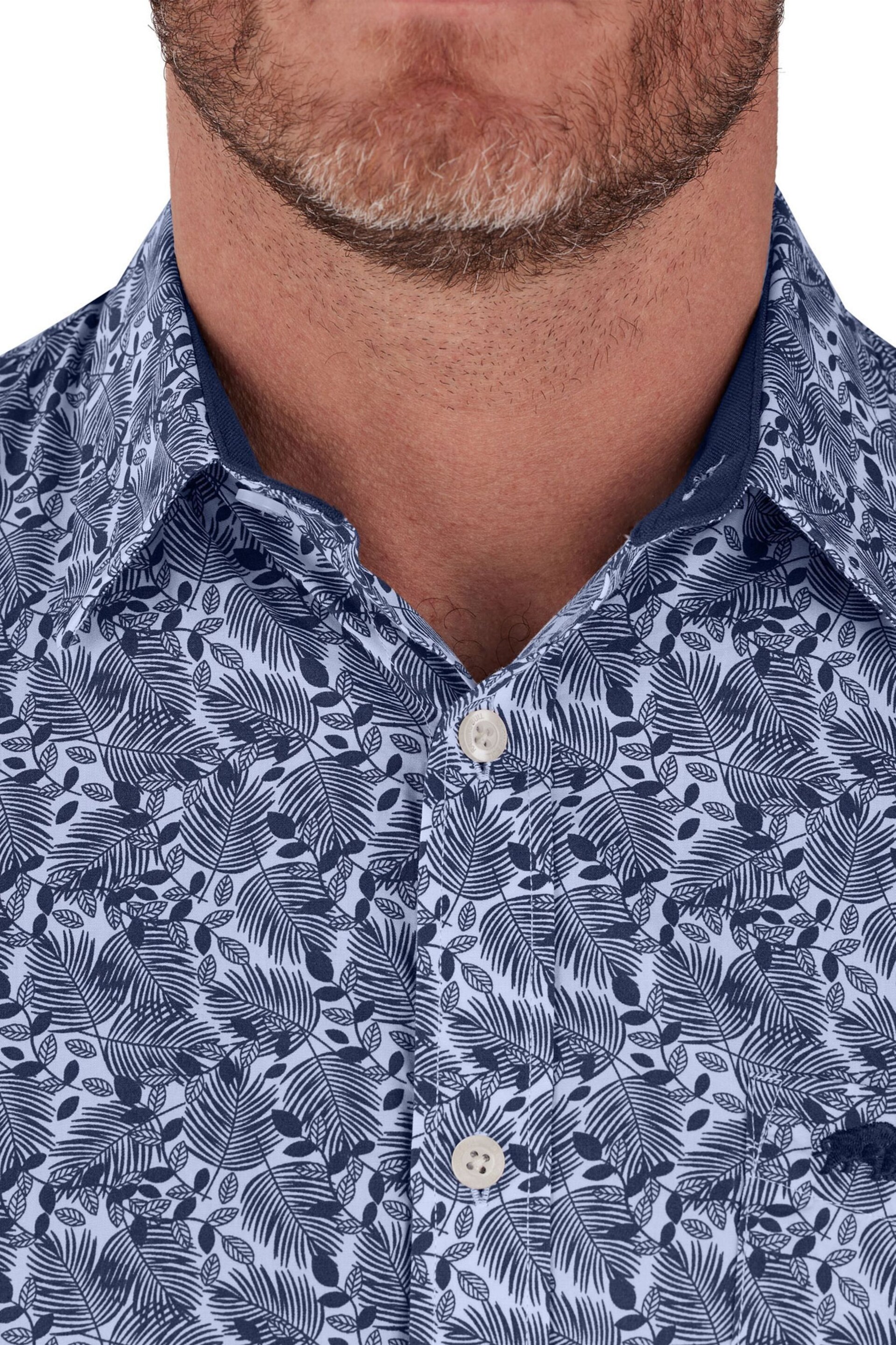 Raging Bull Short Sleeve Leaf Print Poplin Blue Shirt - Image 3 of 6