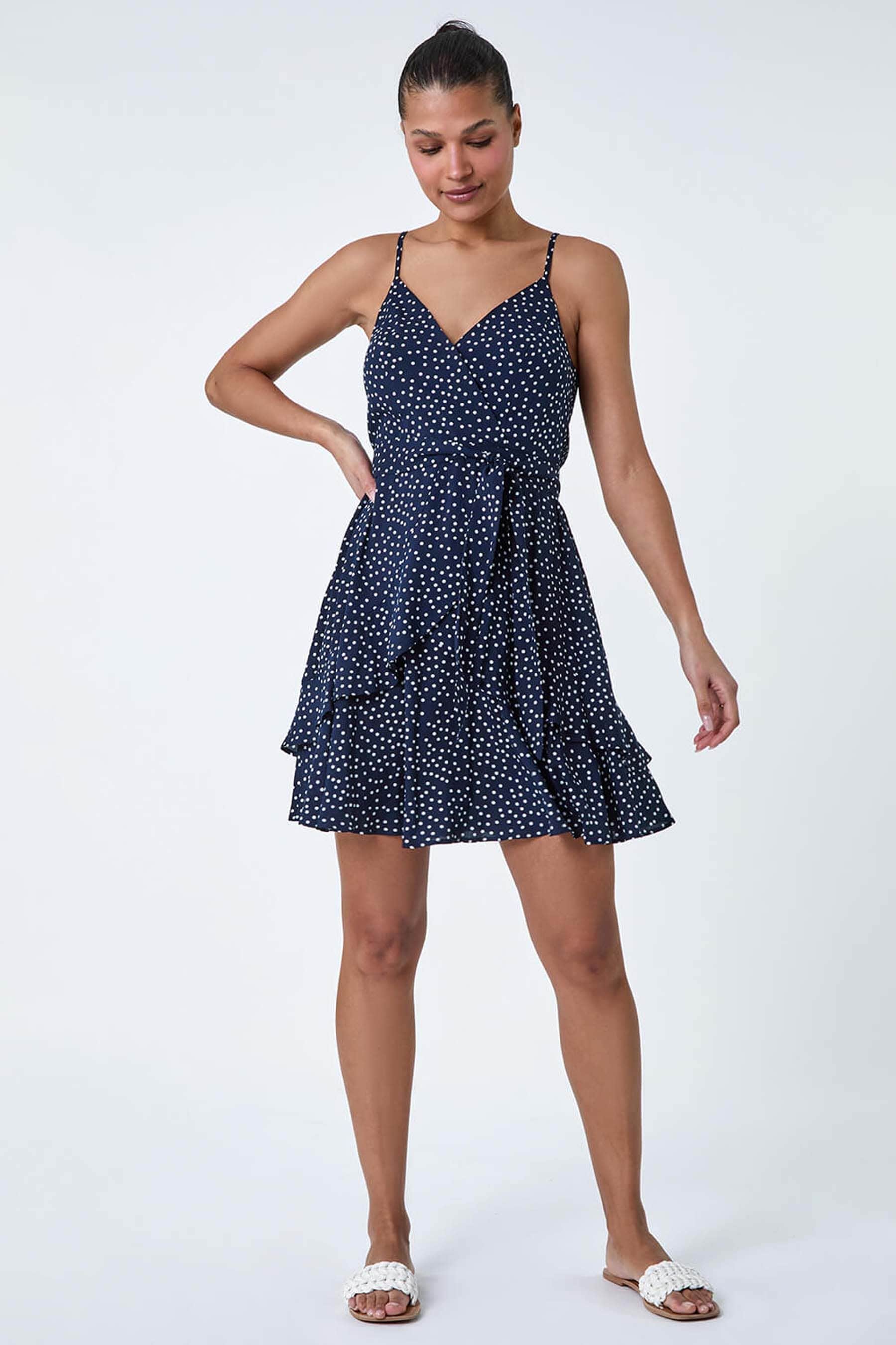 Buy Roman Blue Polka Dot Frill Detail Wrap Dress from the Next UK online shop