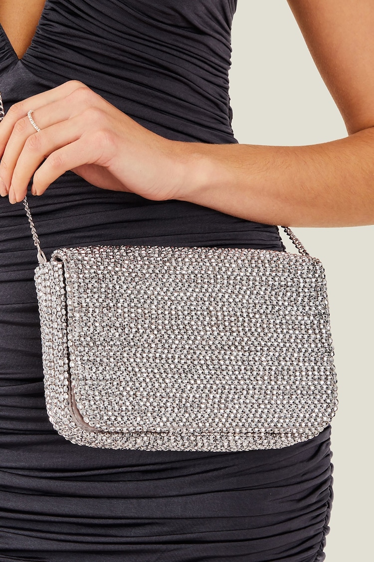 Accessorize Silver Fold Over Beaded Clutch Bag - Image 1 of 4