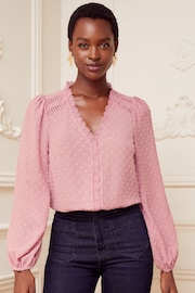 Love & Roses Pink V Neck Lace Trim Dobby Blouse - Image 1 of 4