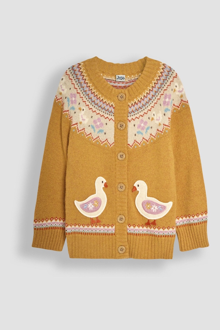 JoJo Maman Bébé Mustard Yellow Duck Knit Fair Isle Cardigan - Image 1 of 3