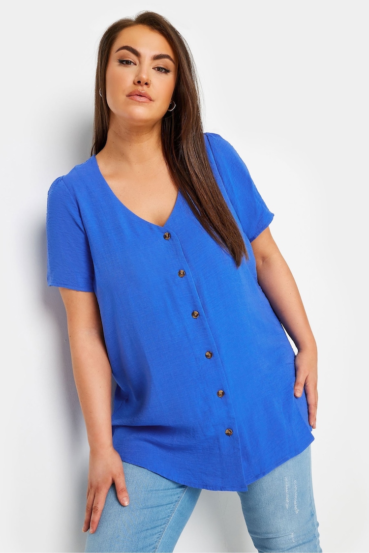 Yours Curve Blue Button Front Blouse - Image 1 of 5