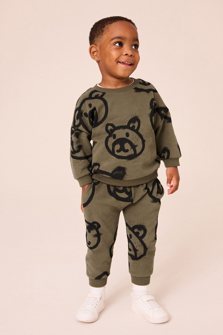 Khaki Green Spray Bears All Over Print Character Sweatshirt and Joggers Set (3mths-7yrs) - Image 1 of 7