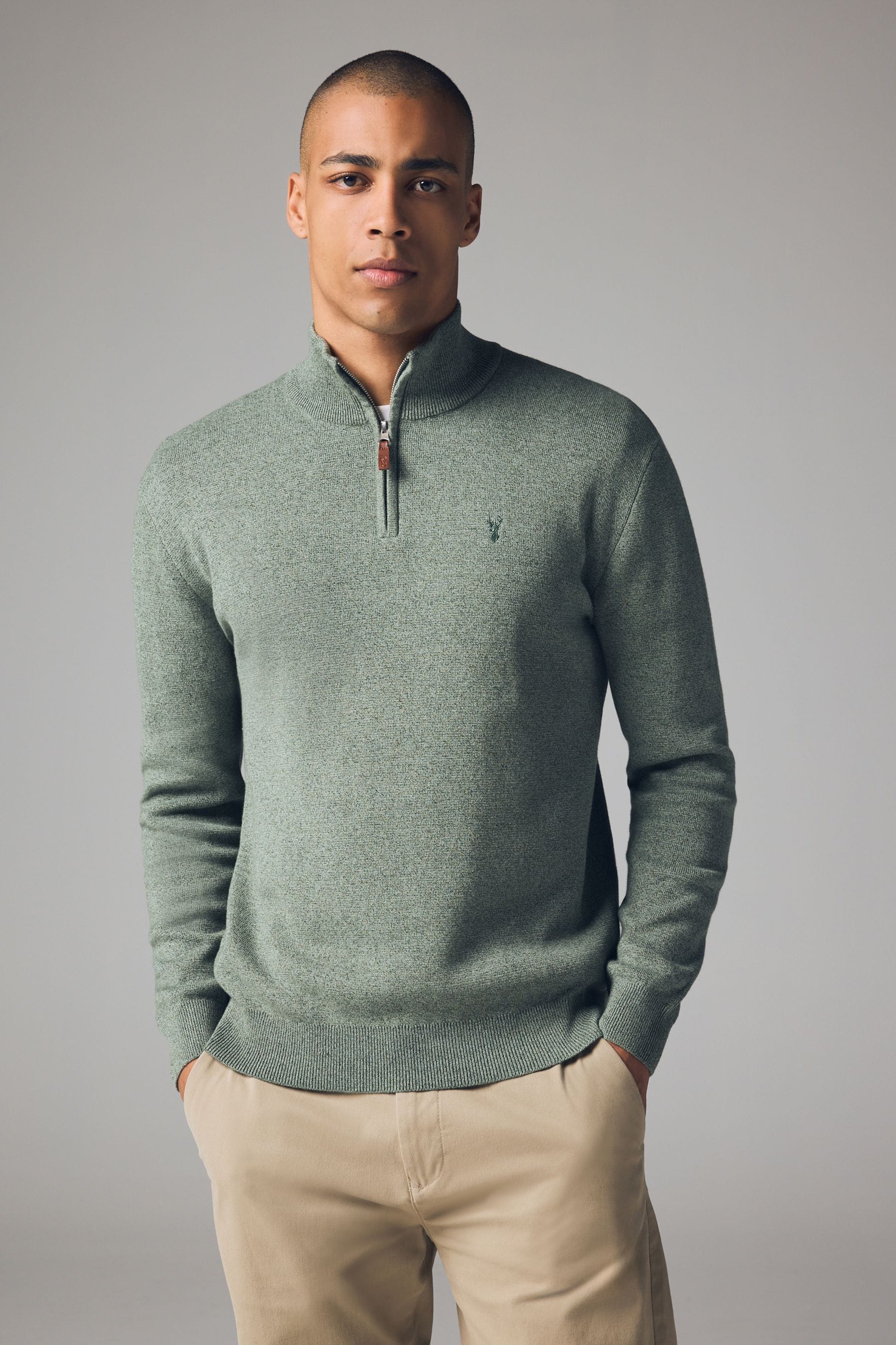 Sage Green Stag Plain Regular Fit 100 Cotton Premium Quarter Zip Jumper