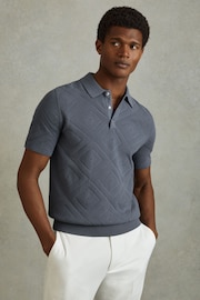 Reiss Airforce Blue Lupton Cotton Textured Press-Stud Polo Shirt - Image 1 of 6