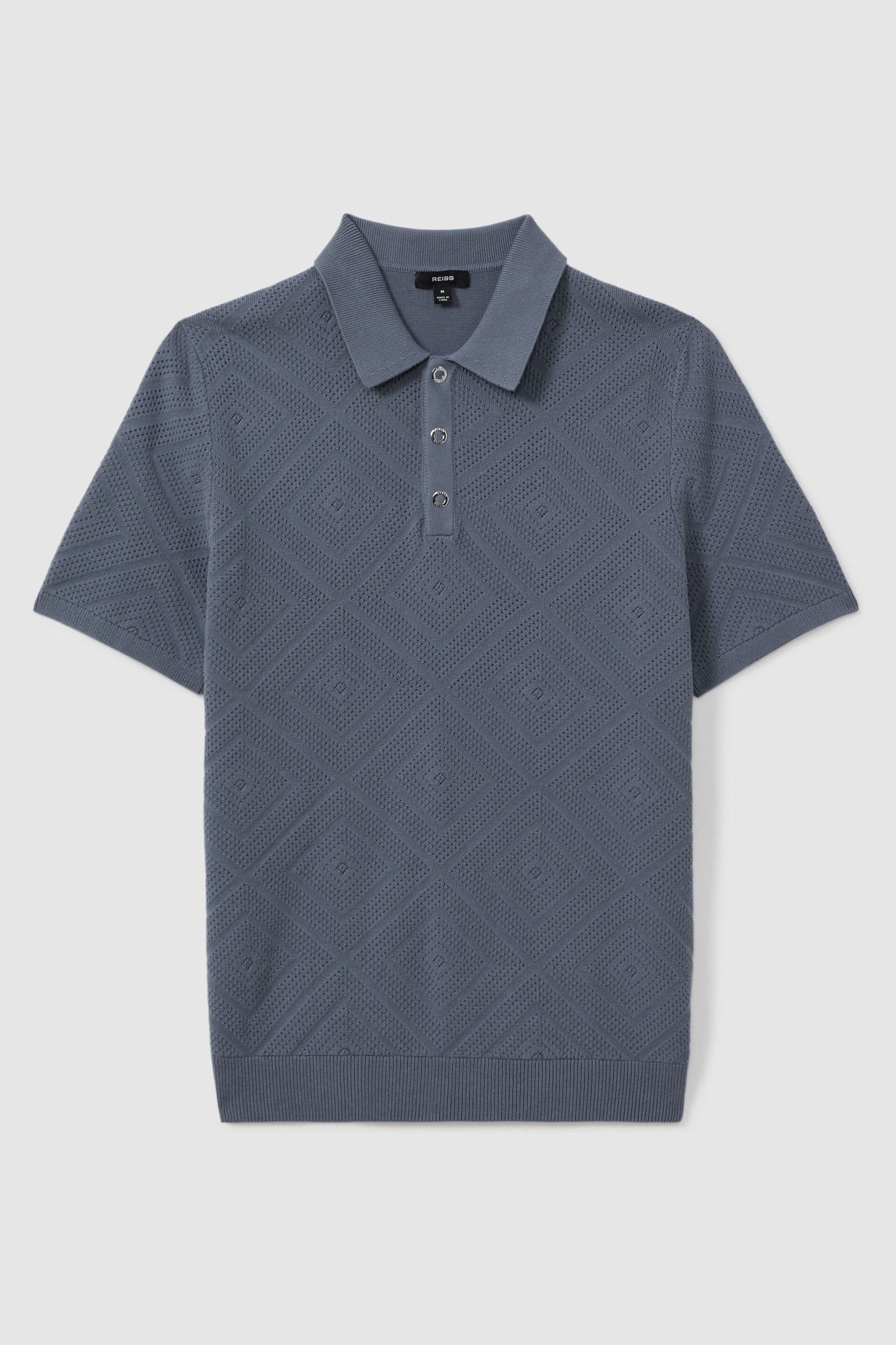 Reiss Airforce Blue Lupton Cotton Textured Press-Stud Polo Shirt - Image 2 of 6