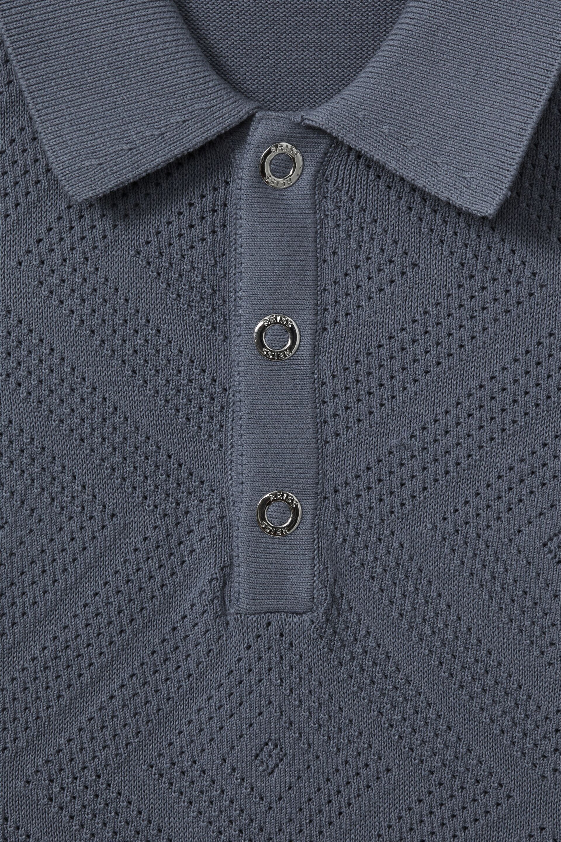 Reiss Airforce Blue Lupton Cotton Textured Press-Stud Polo Shirt - Image 6 of 6