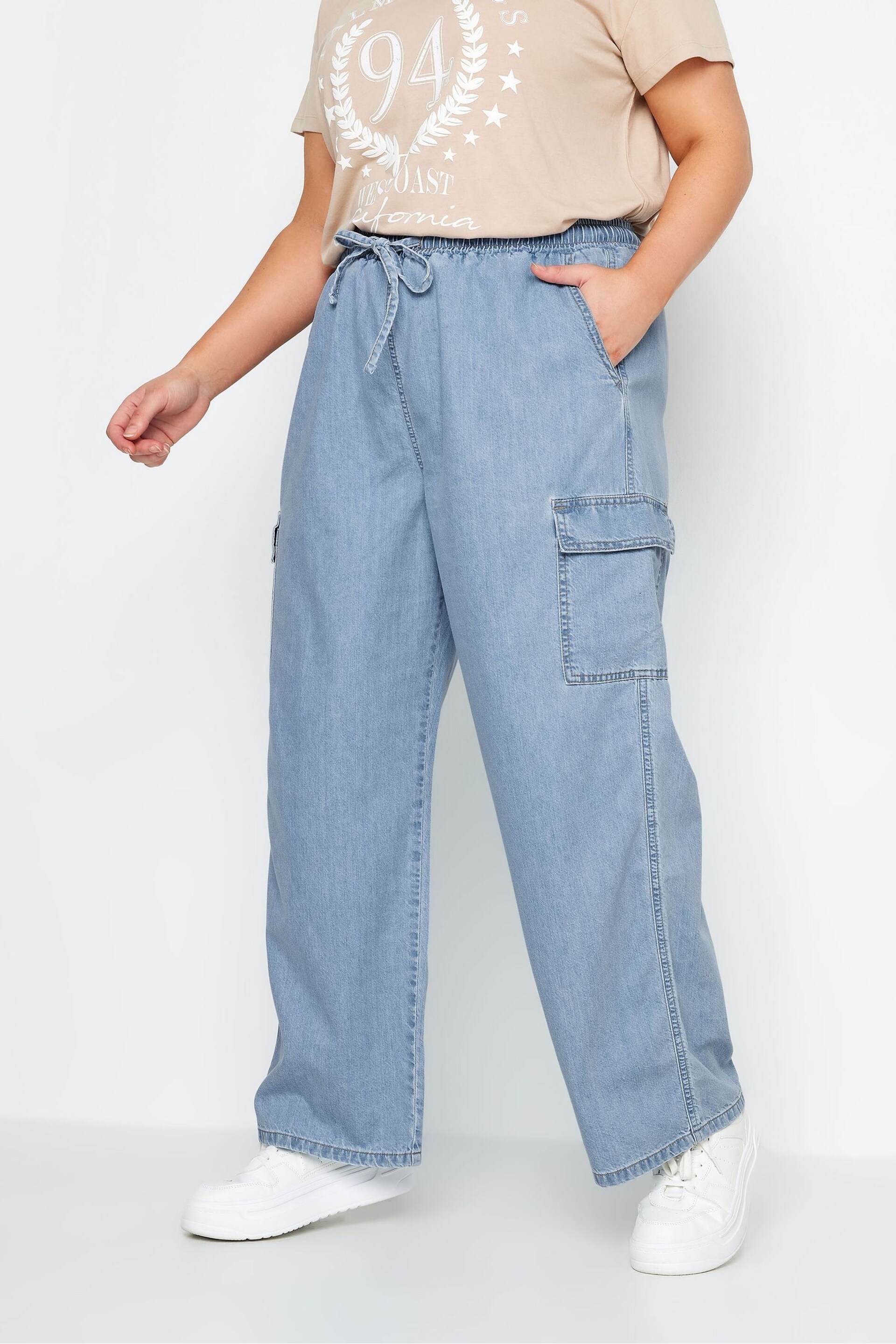 Yours Curve Blue Wide Leg Cargo Jeans - Image 1 of 5