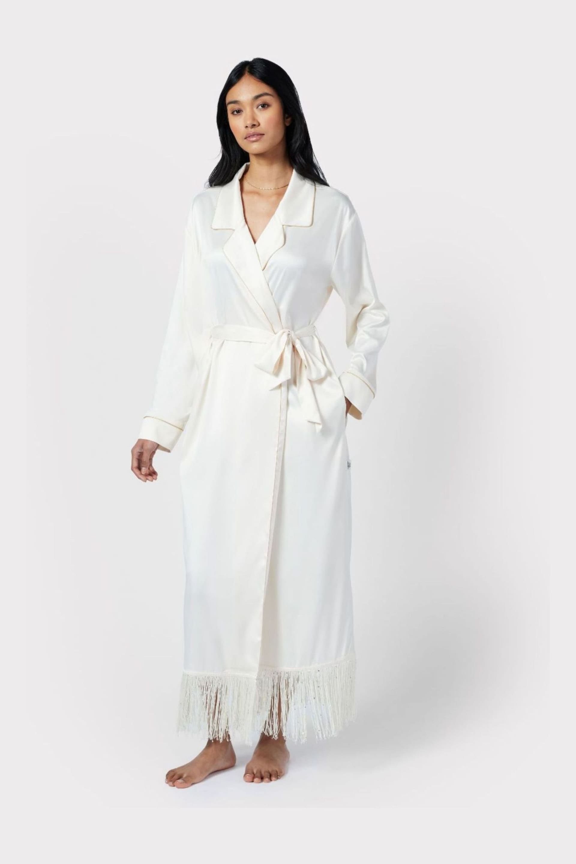 Chelsea Peers Cream Satin Fringe-Trim Dressing Gown - Image 1 of 5