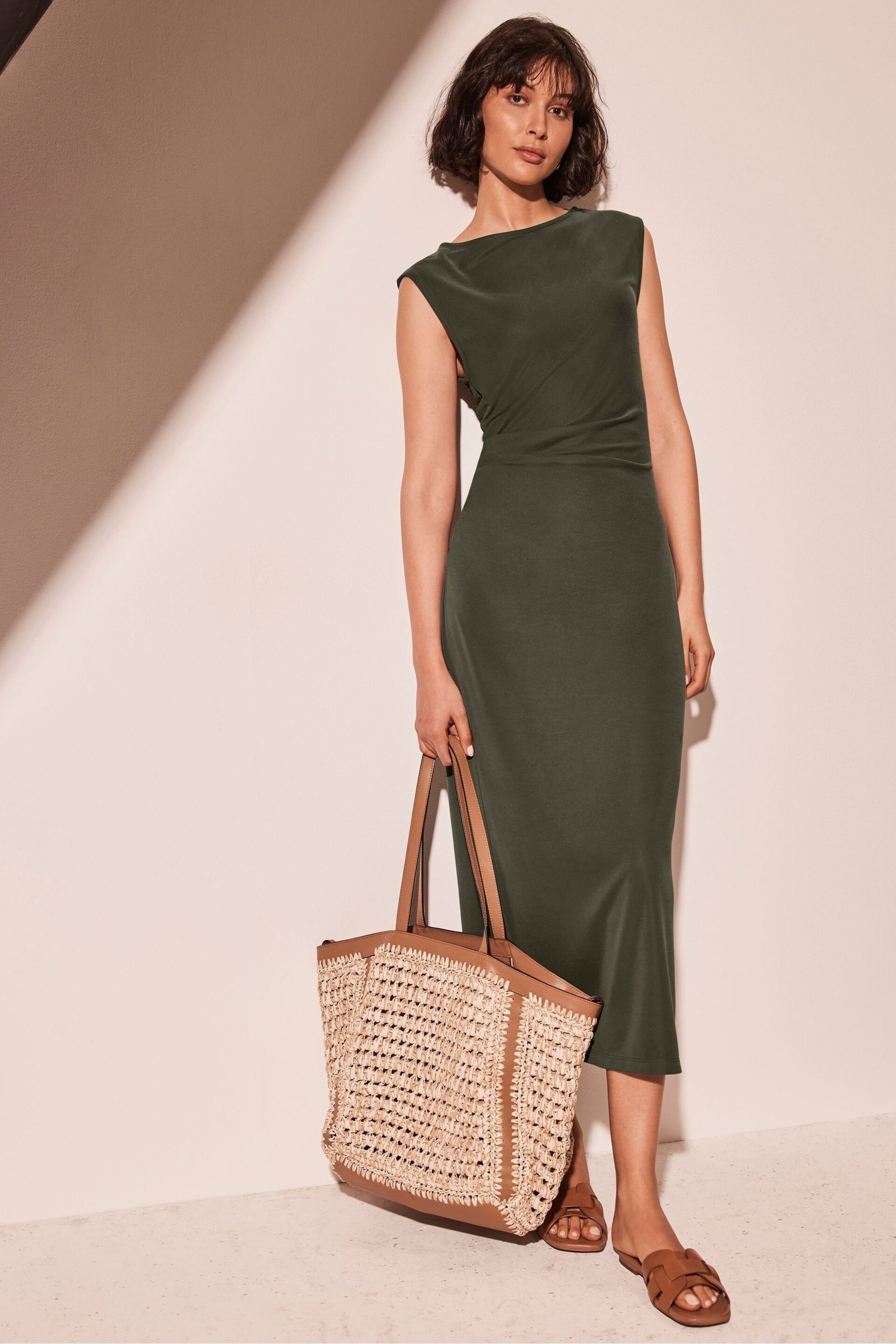 Mint Velvet Green Khaki Jersey Midi Dress - Image 1 of 4