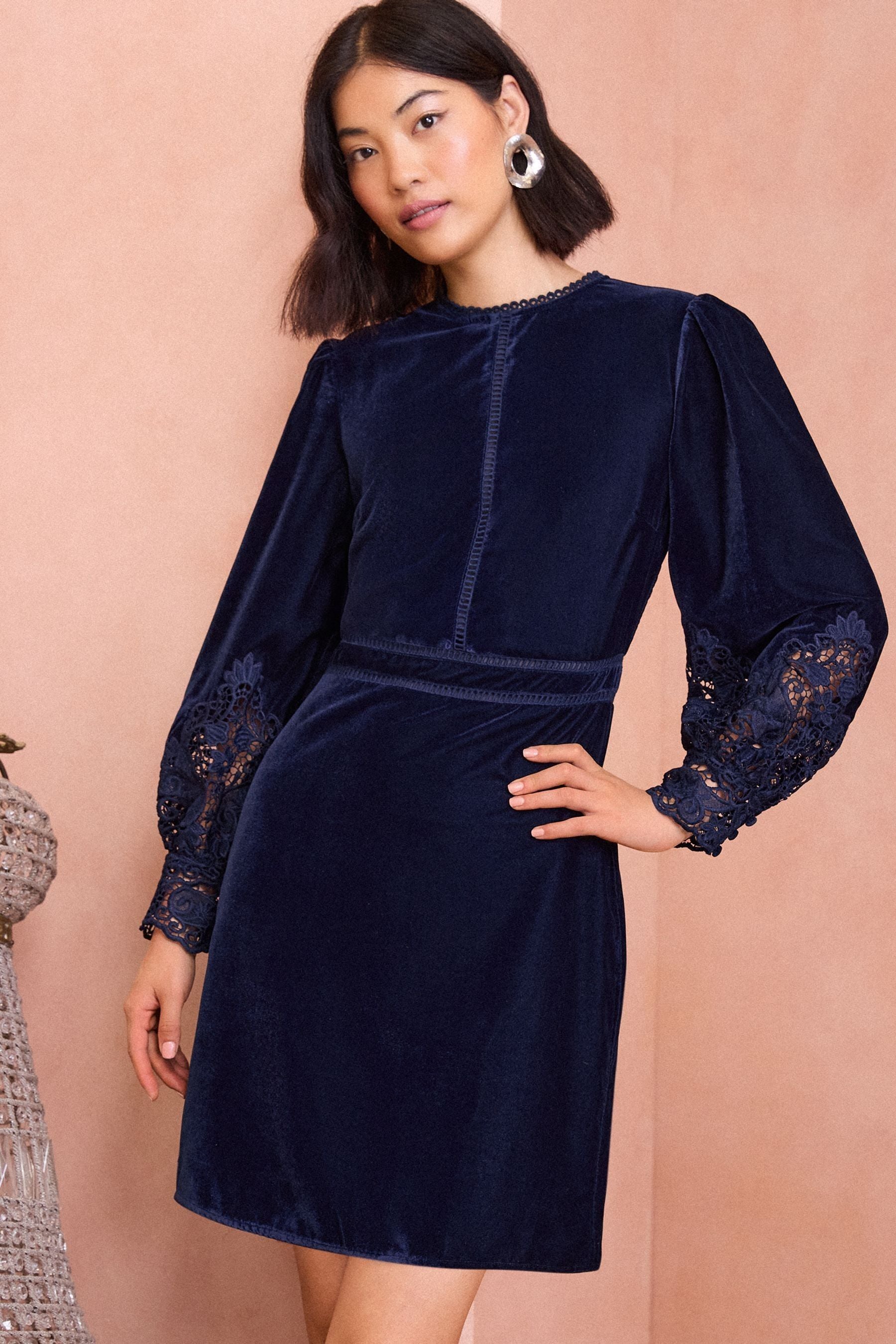 Buy Love Roses Navy Blue Velvet Lace Mini Dress from the Next UK online shop