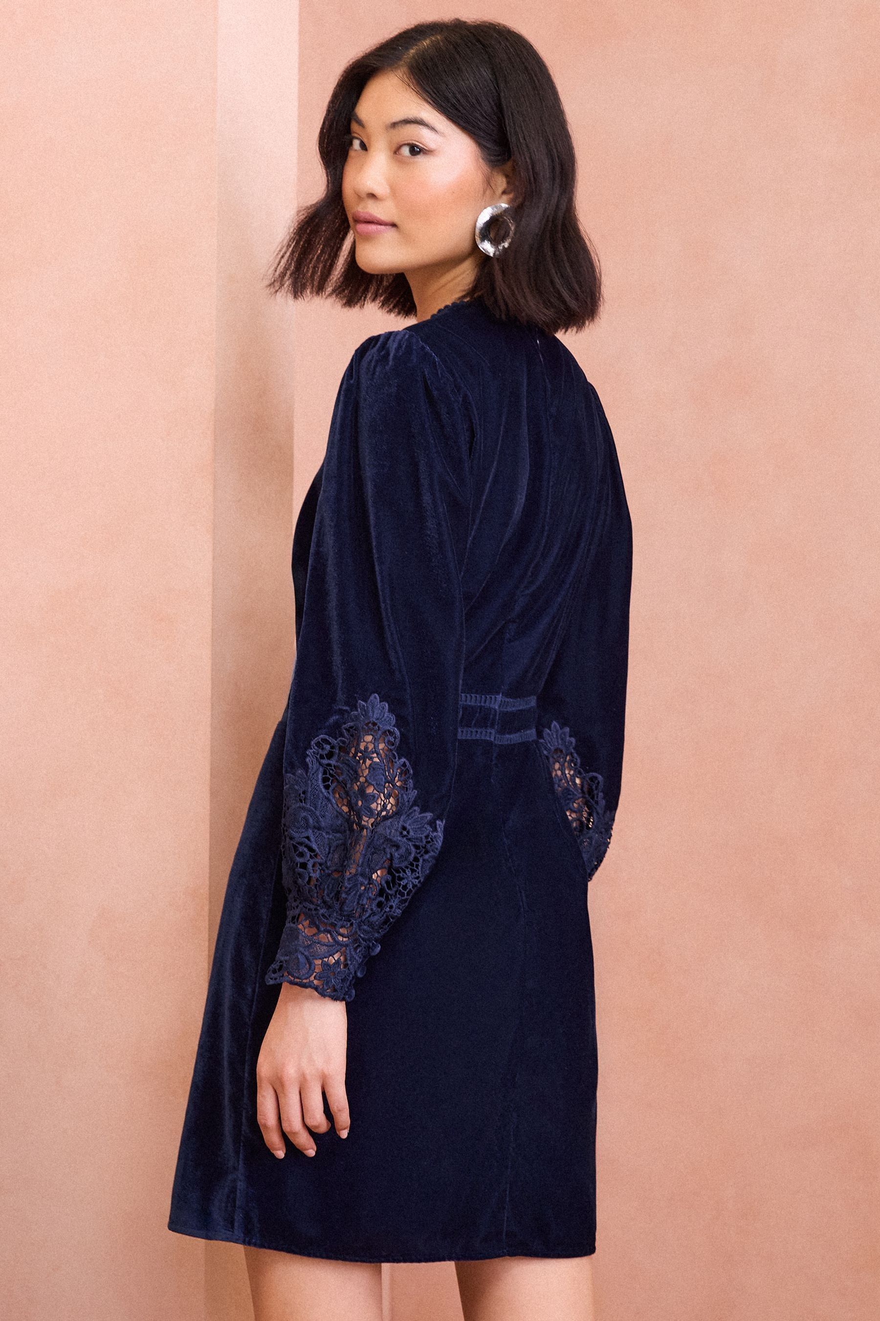 Buy Love Roses Navy Blue Velvet Lace Mini Dress from the Next UK online shop