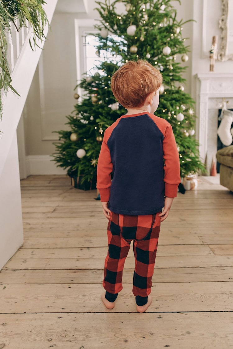 Navy Blue/Red Santa Check Woven Bottoms 100% Cotton Single Christmas Pyjamas (9mths-12yrs) - Image 2 of 16