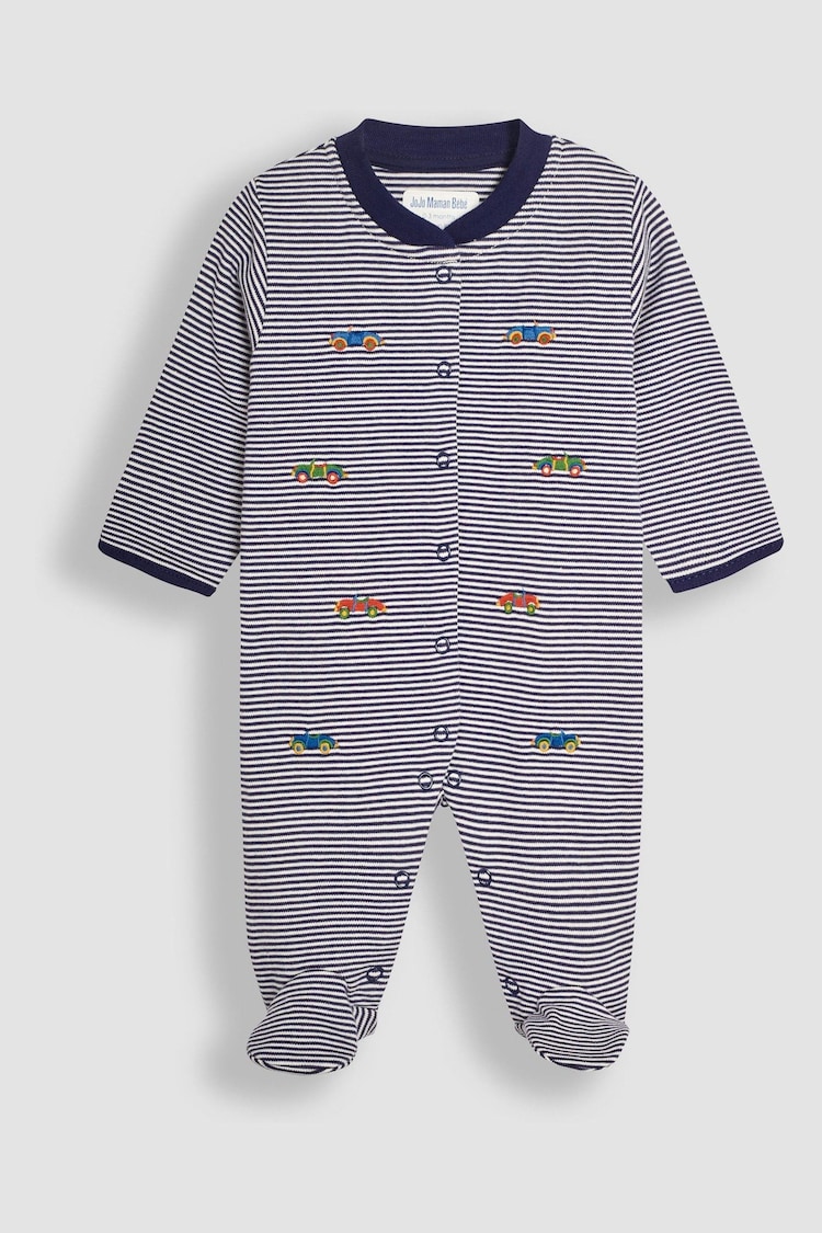 JoJo Maman Bébé Navy Car Embroidered Cotton Baby Sleepsuit - Image 1 of 3