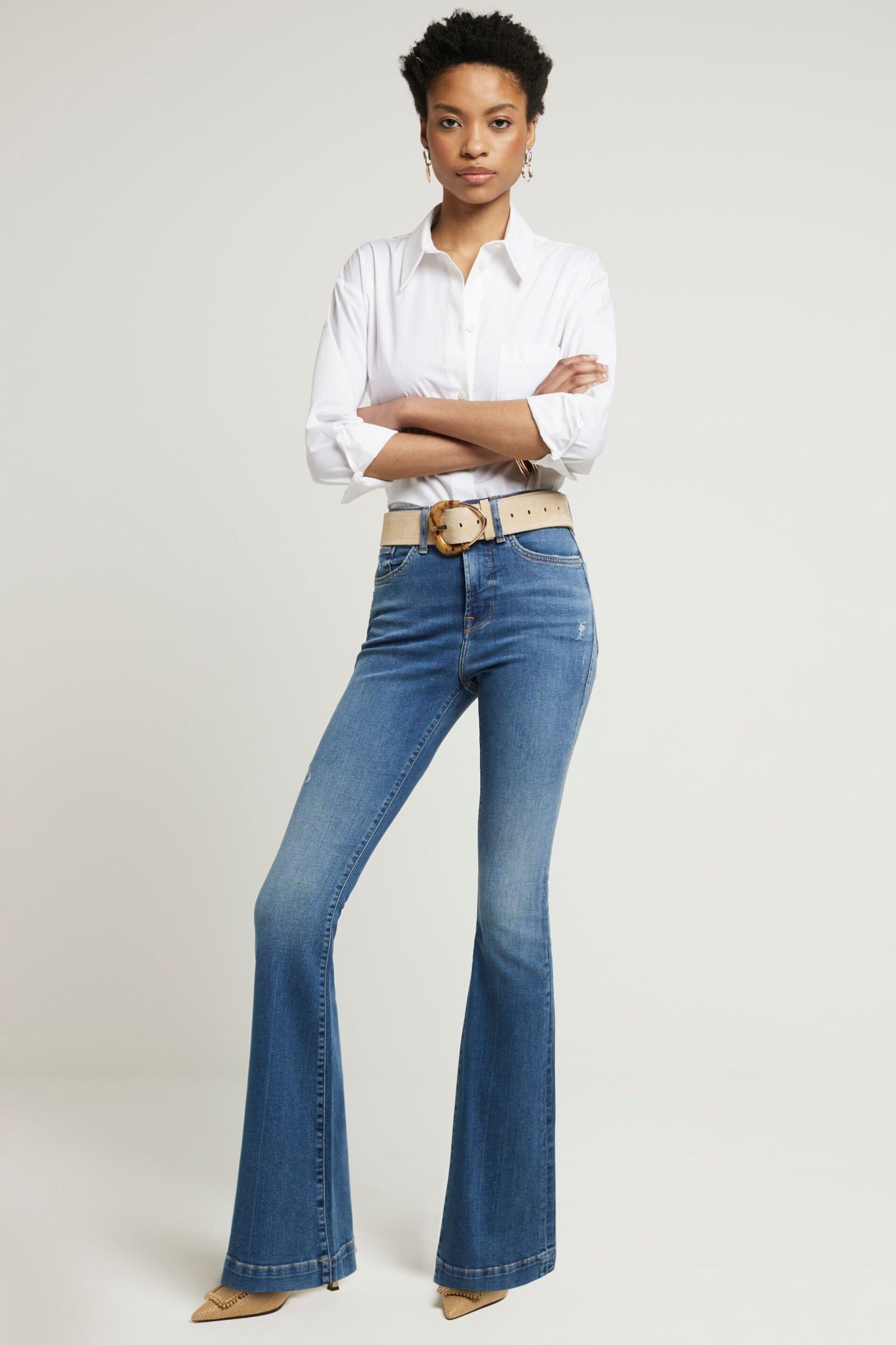 River Island Blue High Rise Tummy Hold Flare Jeans - Image 1 of 5