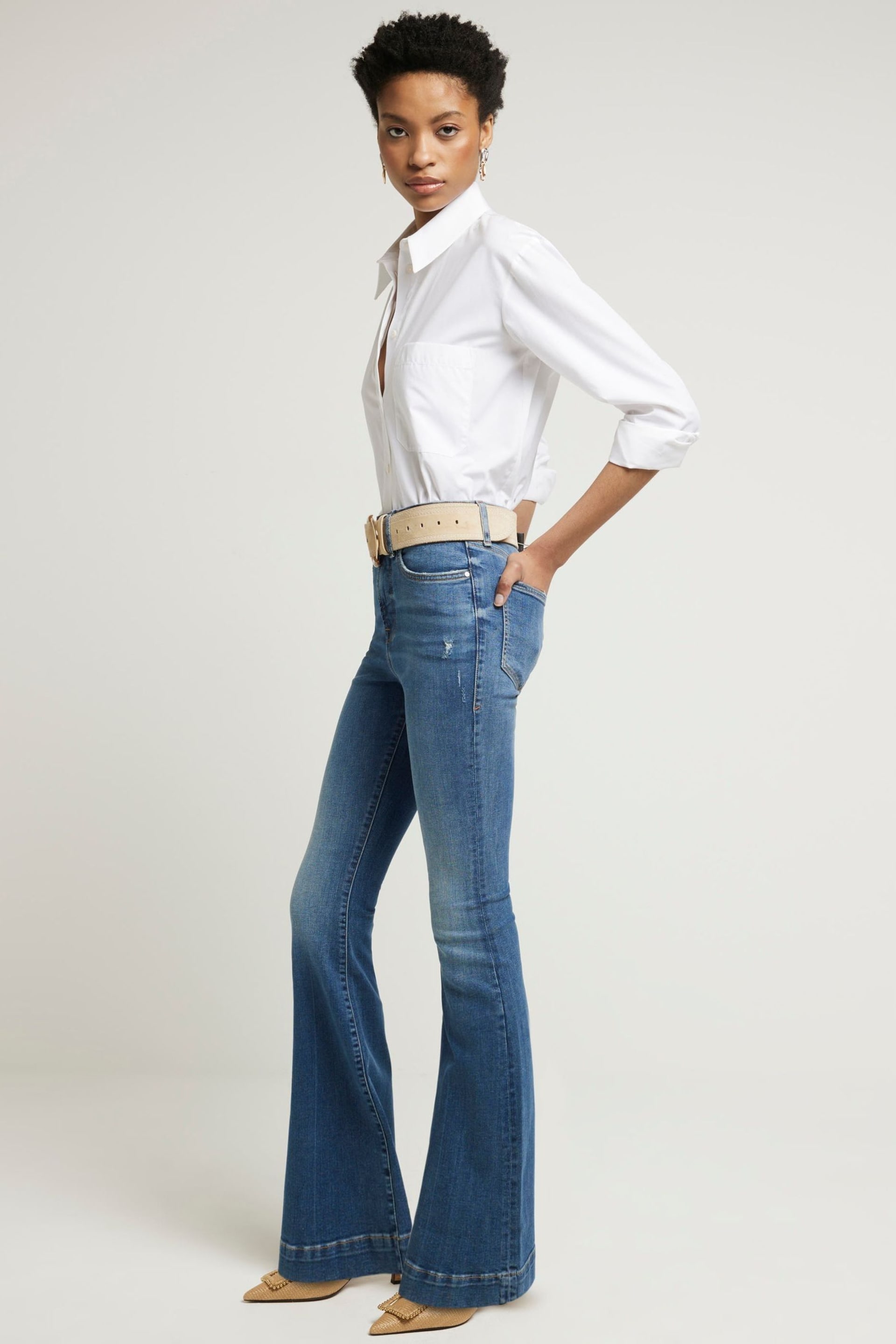 River Island Blue High Rise Tummy Hold Flare Jeans - Image 3 of 5