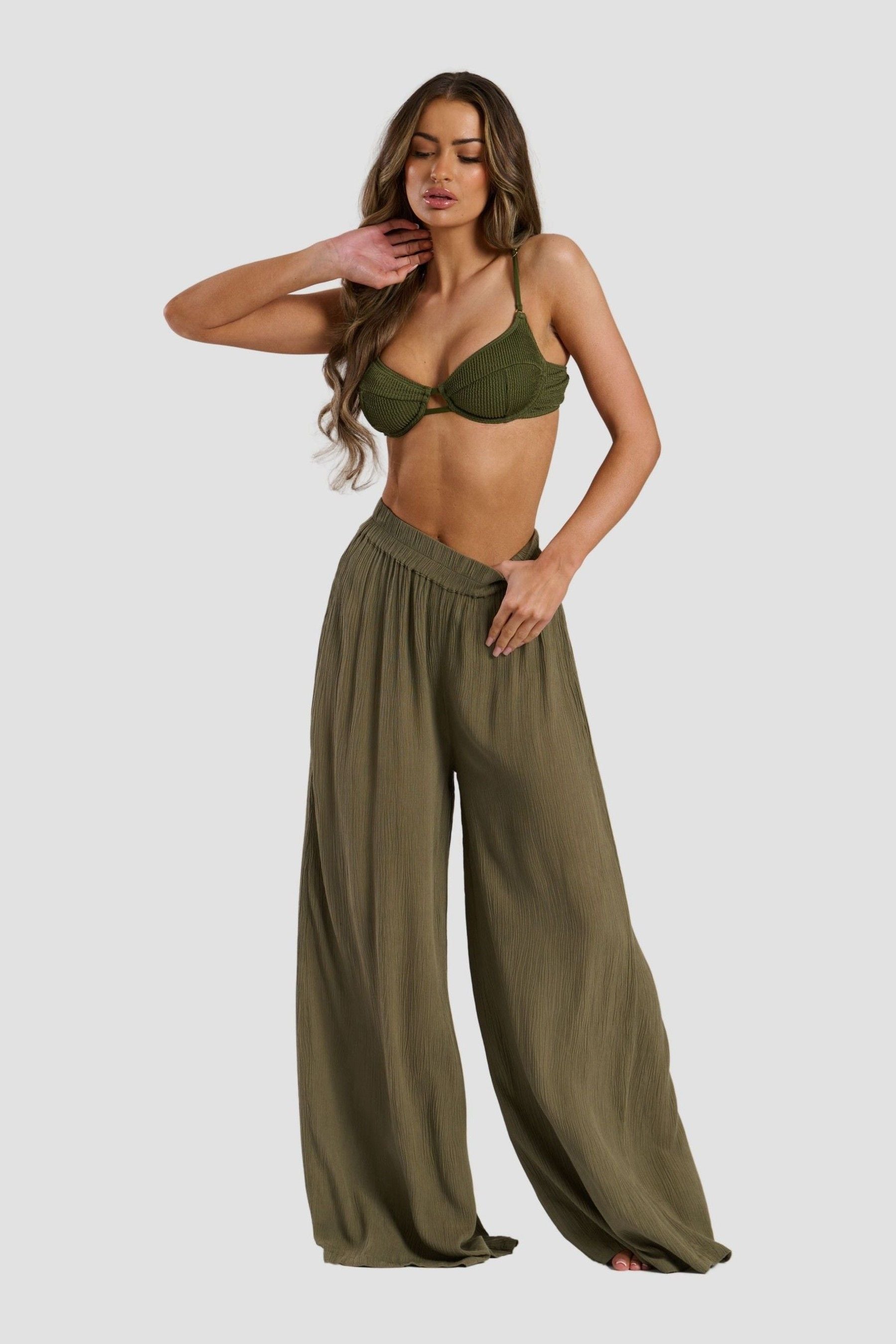 South Beach Green Crinkle Vicose Wide Leg Trousers 12 Womens