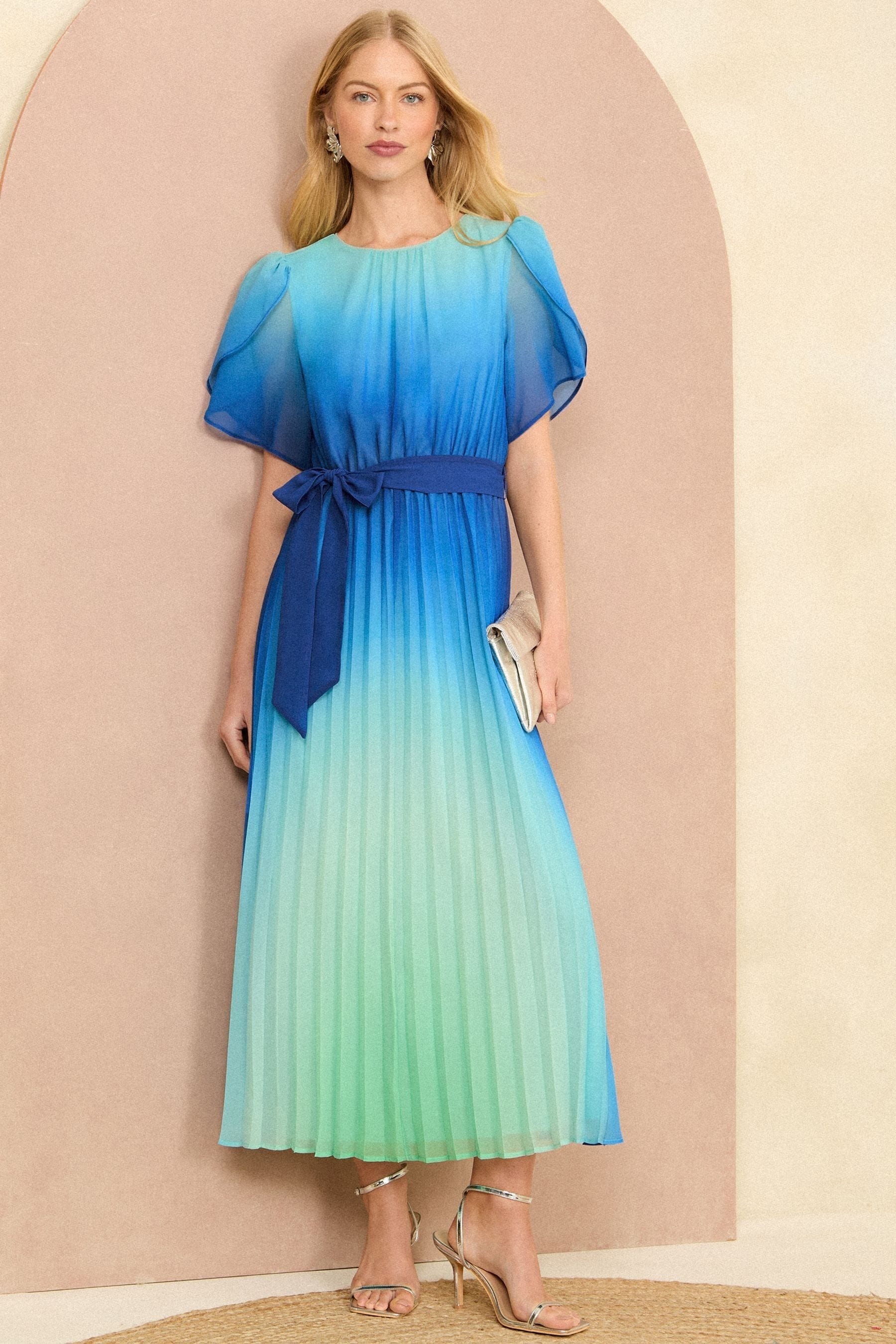 Love Roses Blue Ombre Petal Sleeve Pleated Belted Midi Dress