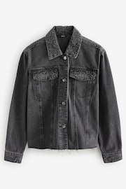 Black Diamanté Cropped 100% Cotton Denim Jacket - Image 6 of 8