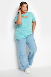 Yours Curve Aqua Blue Acid Wash Cut Out T-Shirt - Image 2 of 4