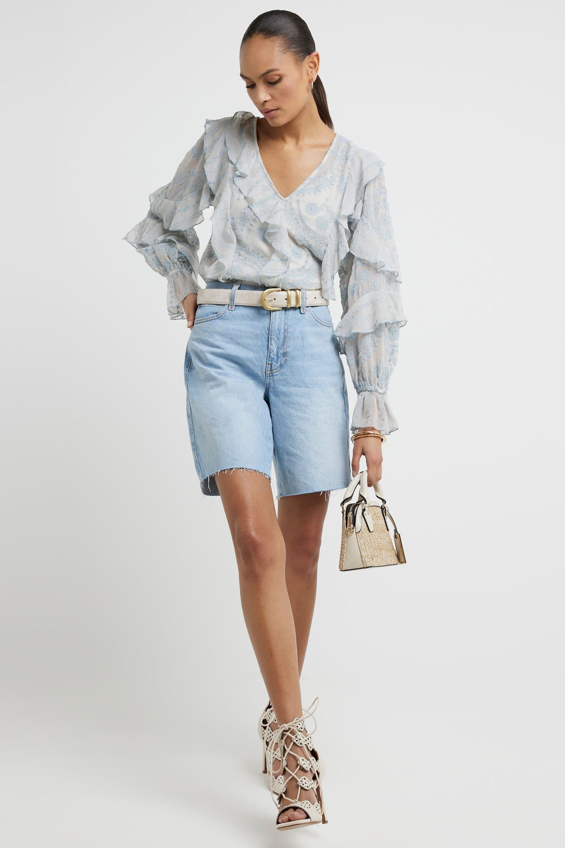 River Island Light Blue Broderie Frill Blouse - Image 1 of 6