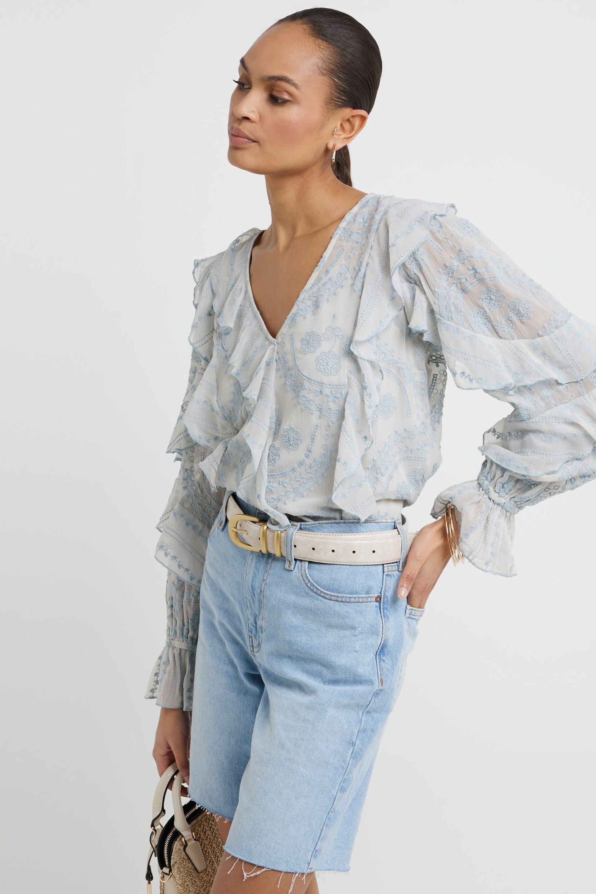 River Island Light Blue Broderie Frill Blouse - Image 3 of 6