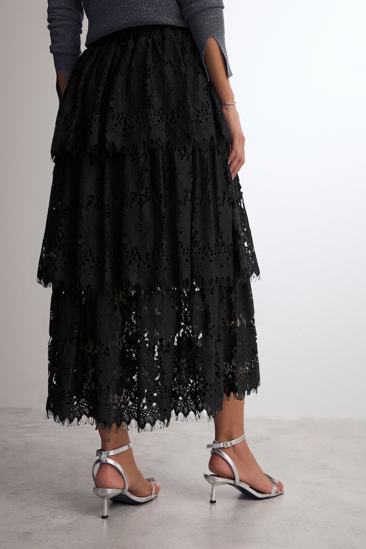 Black Lace Tiered Maxi Skirt - Image 2 of 7