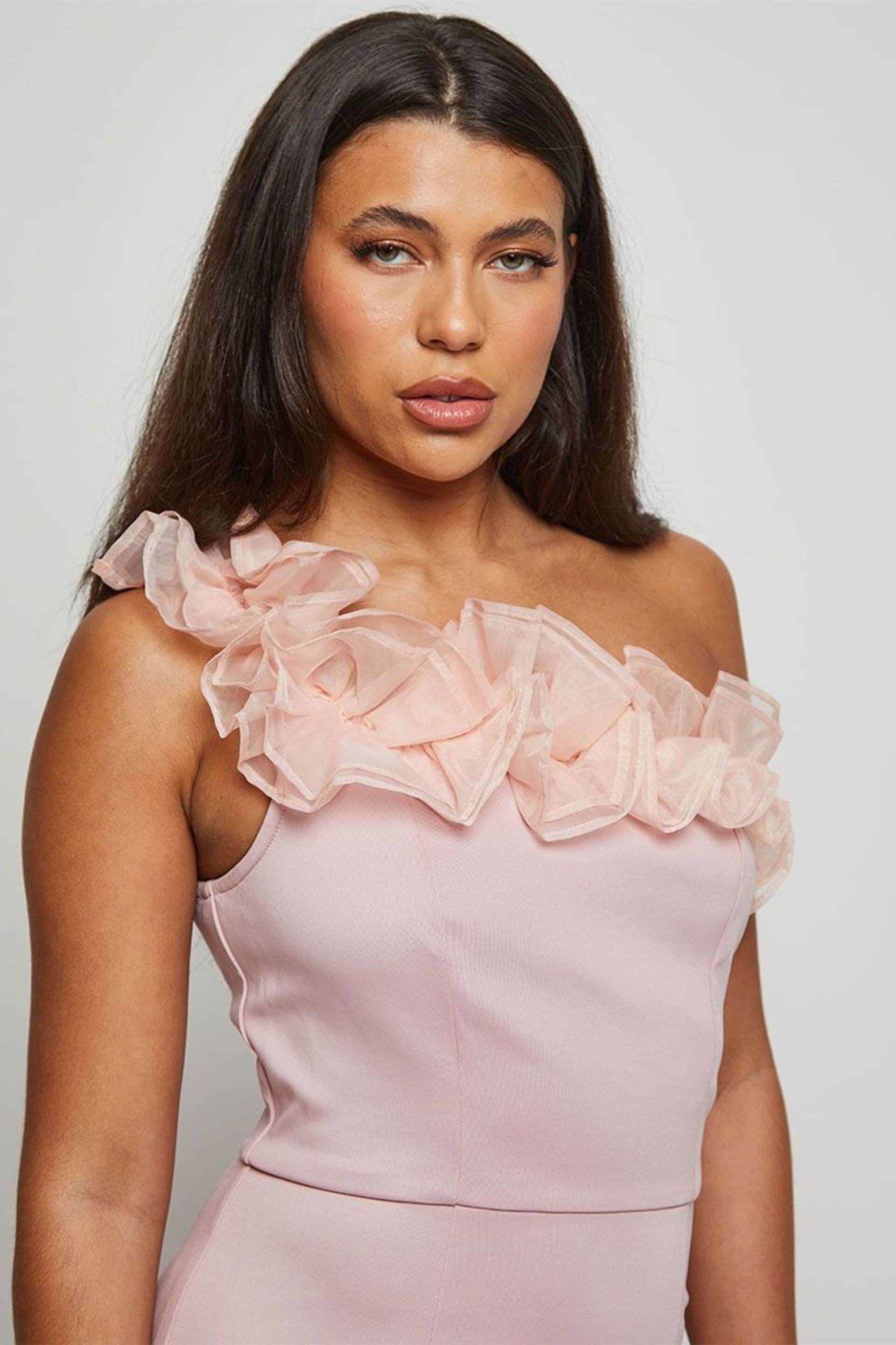 Chi Chi London Pink One Shoulder Organza Bodycon Midi Dress - Image 2 of 4