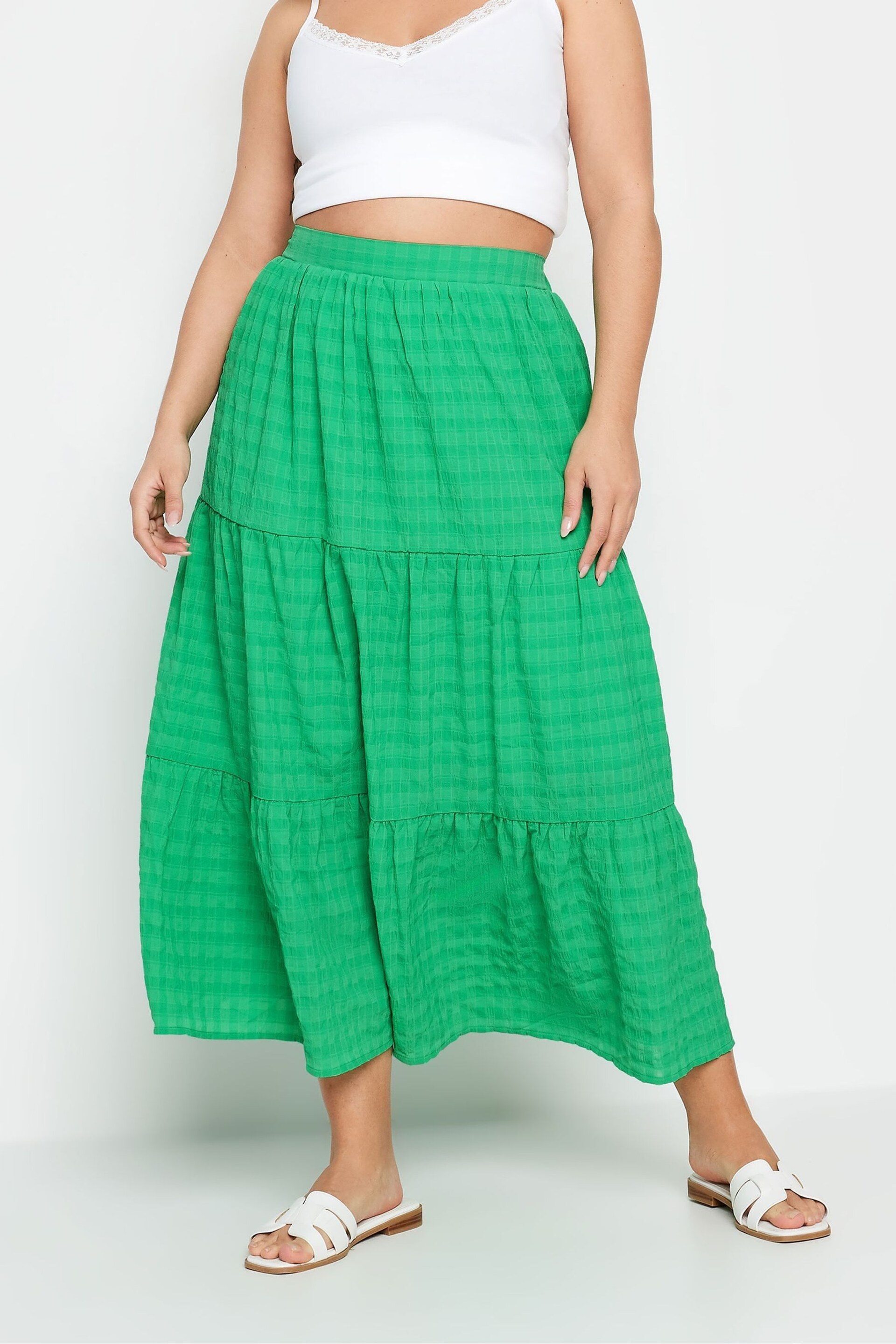 Yours Curve Green Tiered Check Midi Skirt - Image 2 of 6