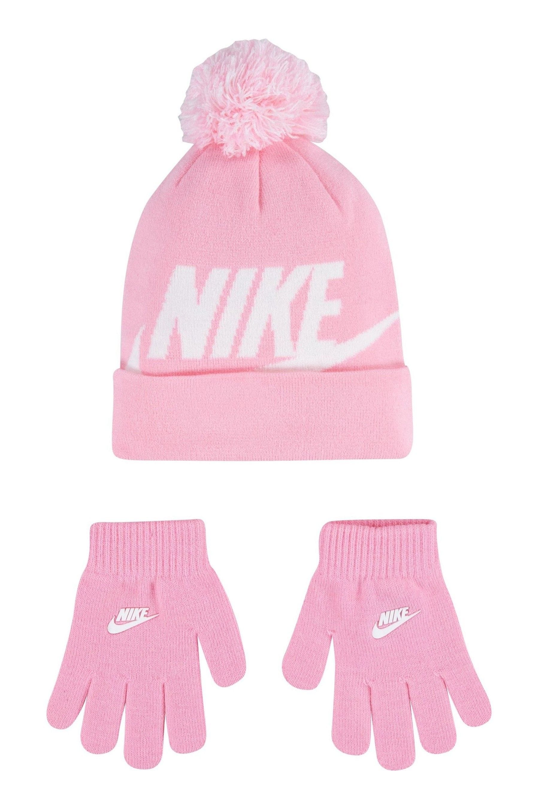 Buy Nike Pink Swoosh Pom Beanie Hat and Gloves Set from the Next UK online shop