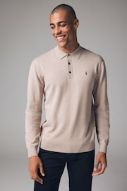 Neutral Stag Logo Regular Fit Knitted Long Sleeve Polo Shirt - Image 1 of 6