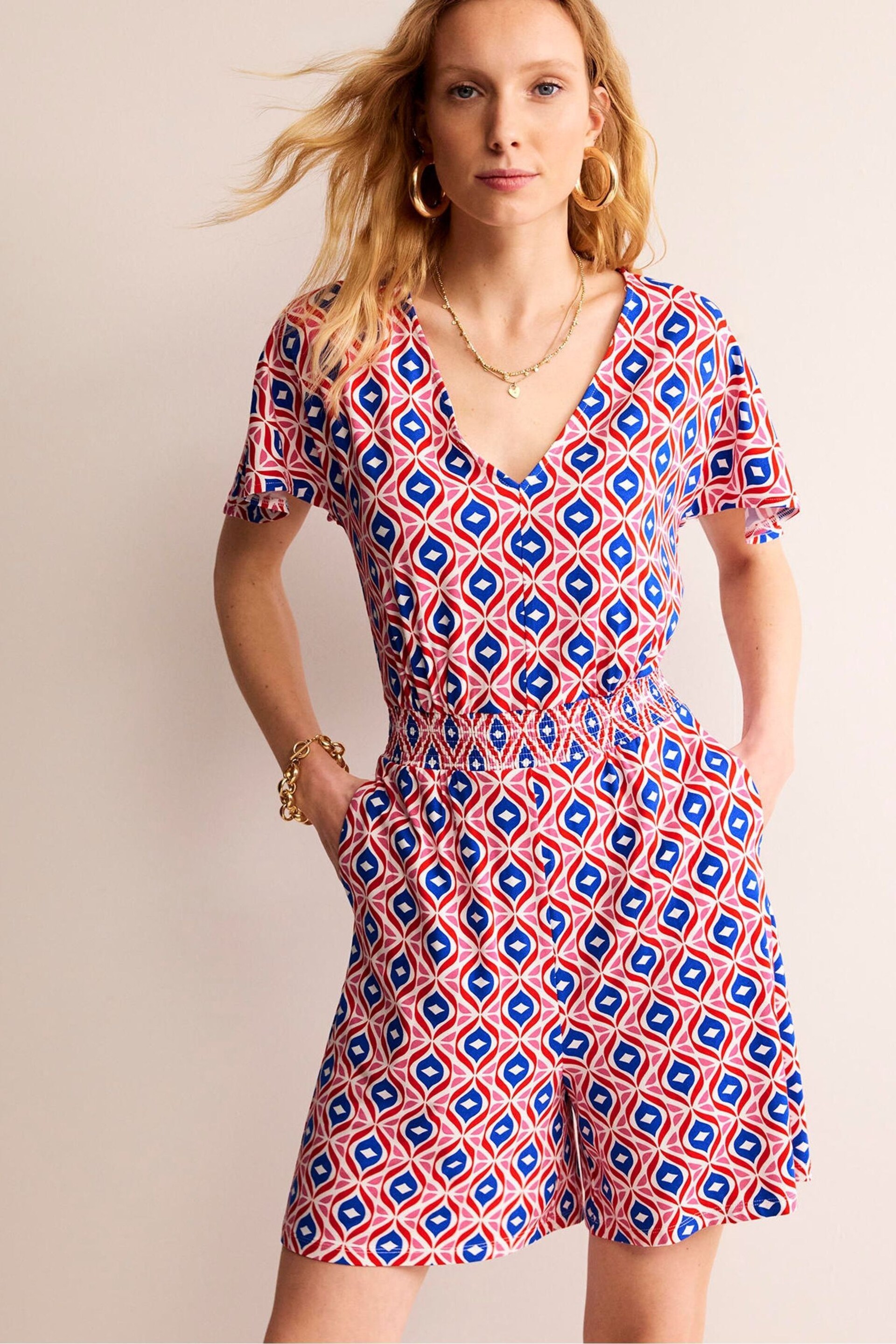 Boden Red Smocked Jersey Playsuit - Image 1 of 5