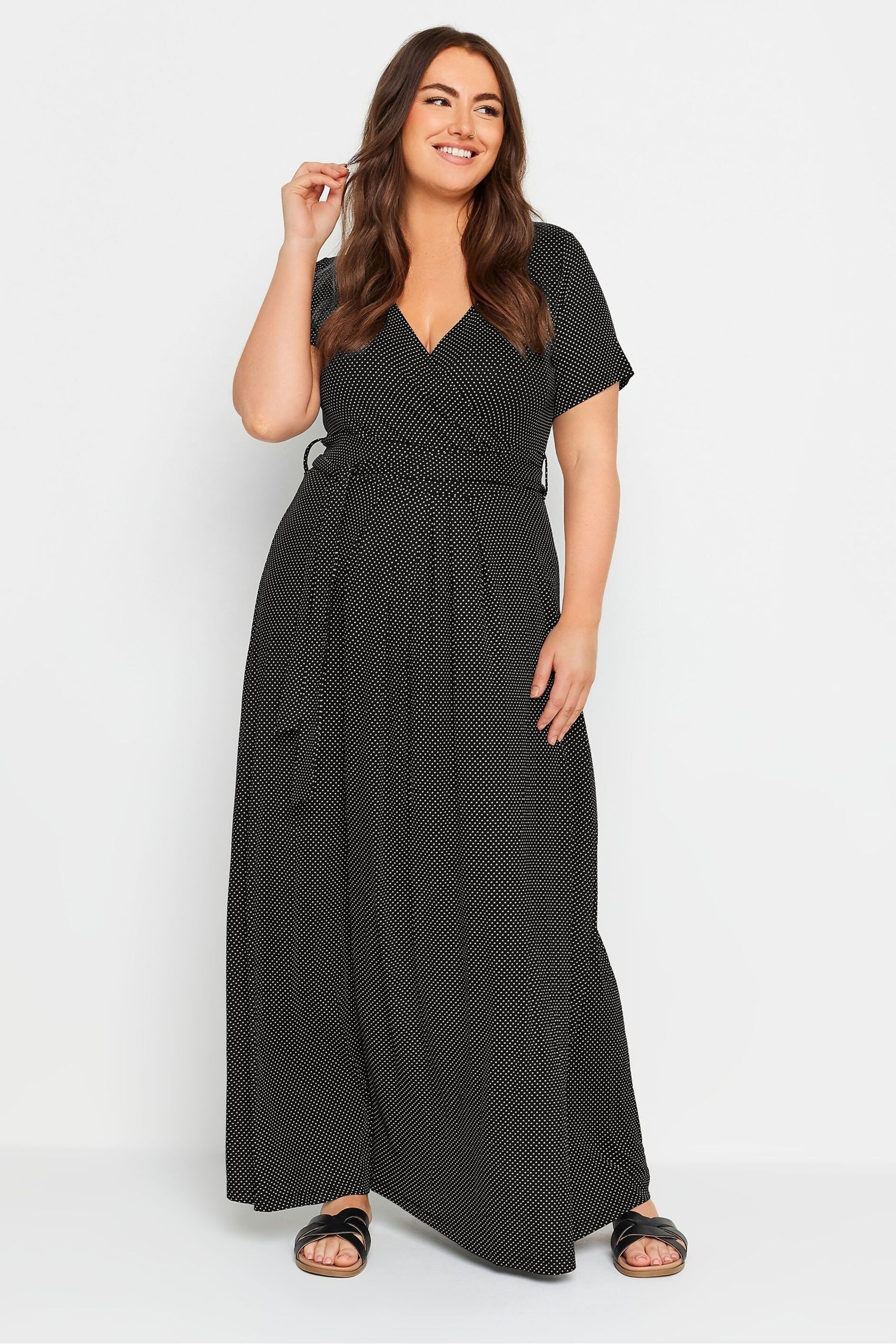 Yours Curve Black Dot Print Wrap Maxi Dress - Image 1 of 5