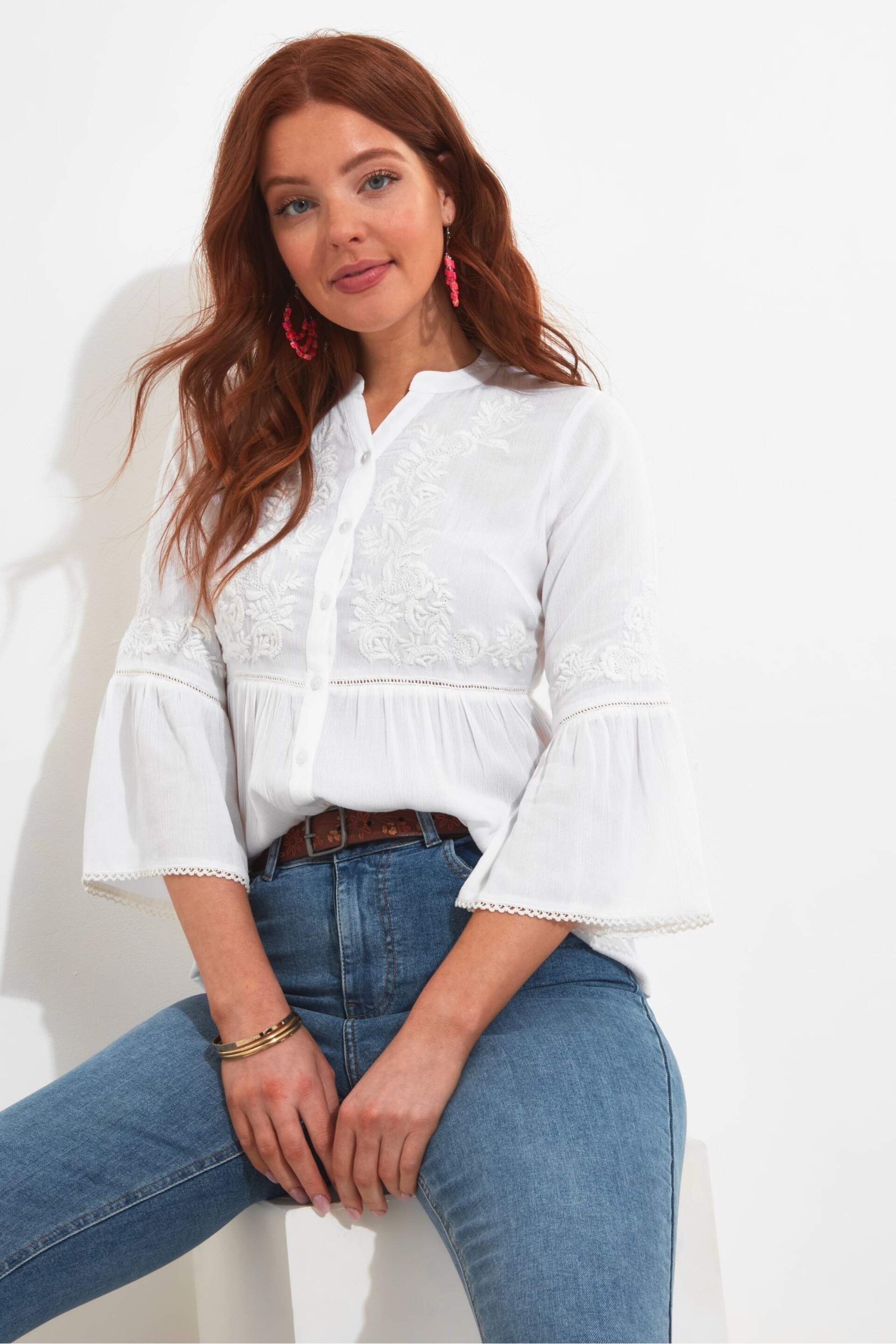 Joe Browns White Embroidered Button Down Collarless Blouse - Image 1 of 6