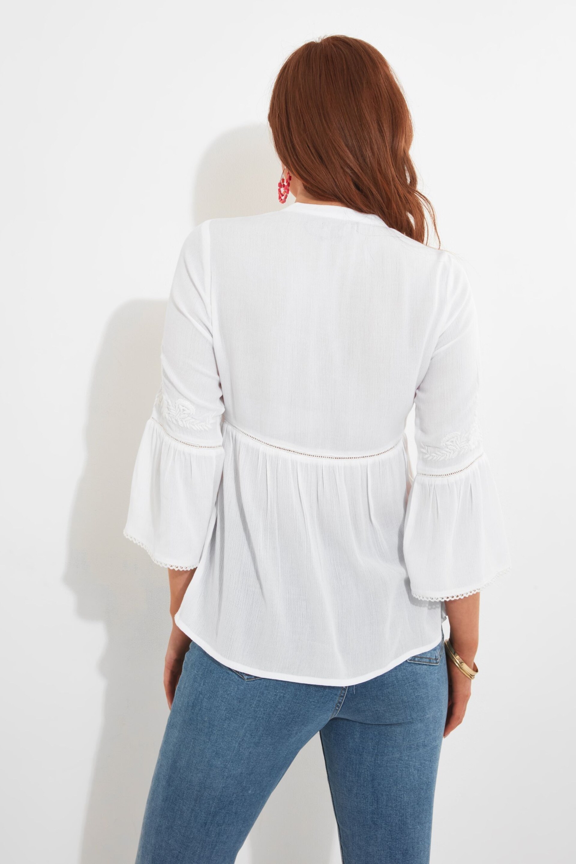 Joe Browns White Embroidered Button Down Collarless Blouse - Image 3 of 6