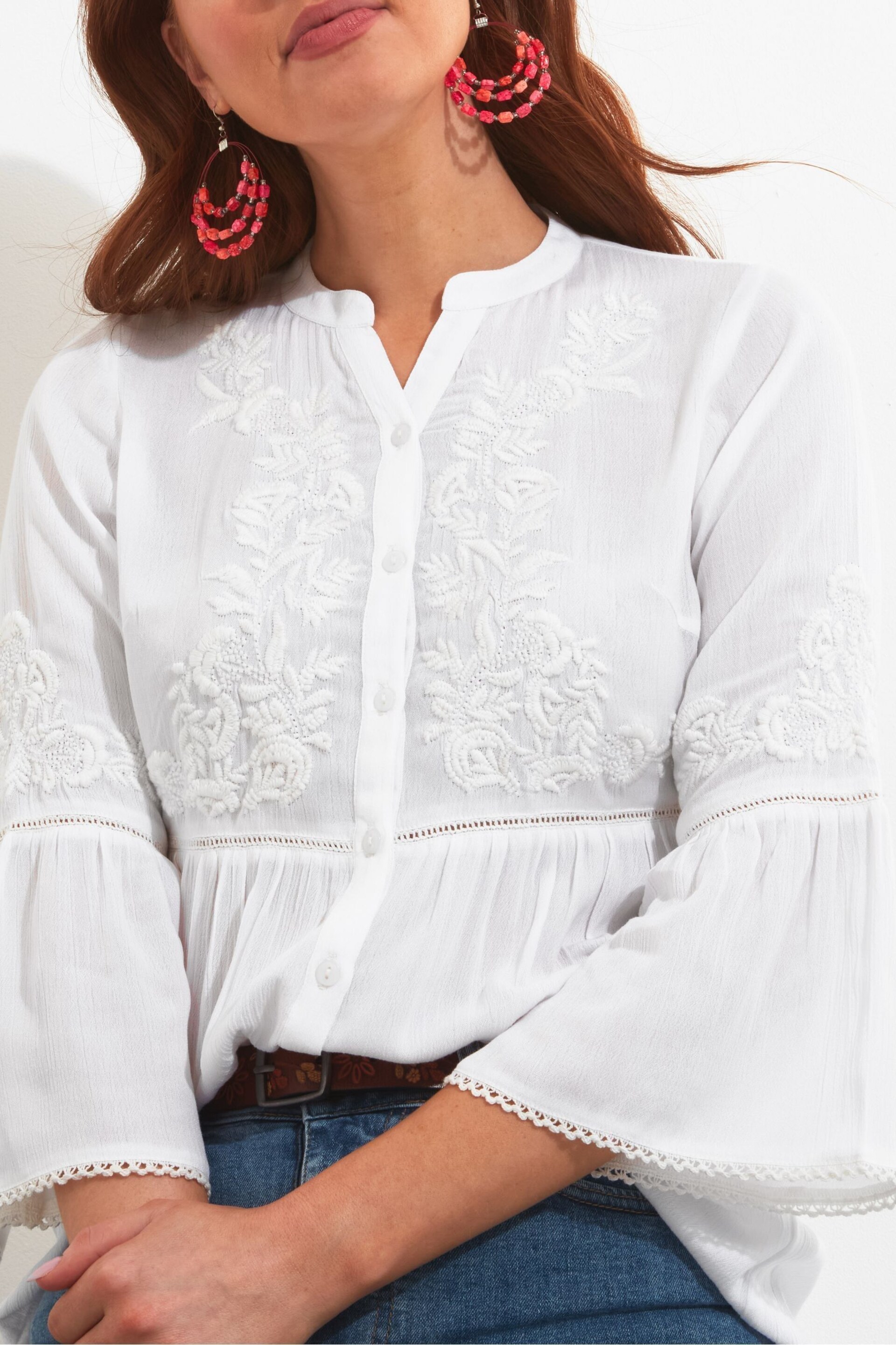 Joe Browns White Embroidered Button Down Collarless Blouse - Image 4 of 6