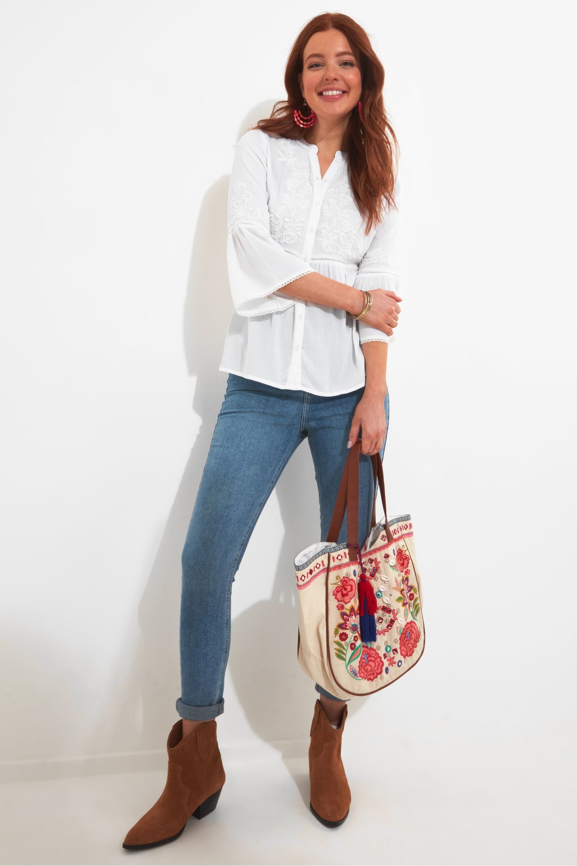 Joe Browns White Embroidered Button Down Collarless Blouse - Image 5 of 6