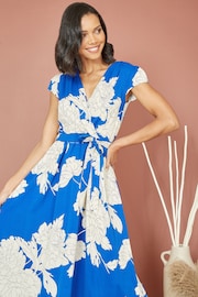 Mela Blue Blossom Print Wrap Midi Dress With Dipped Hem - Image 2 of 5