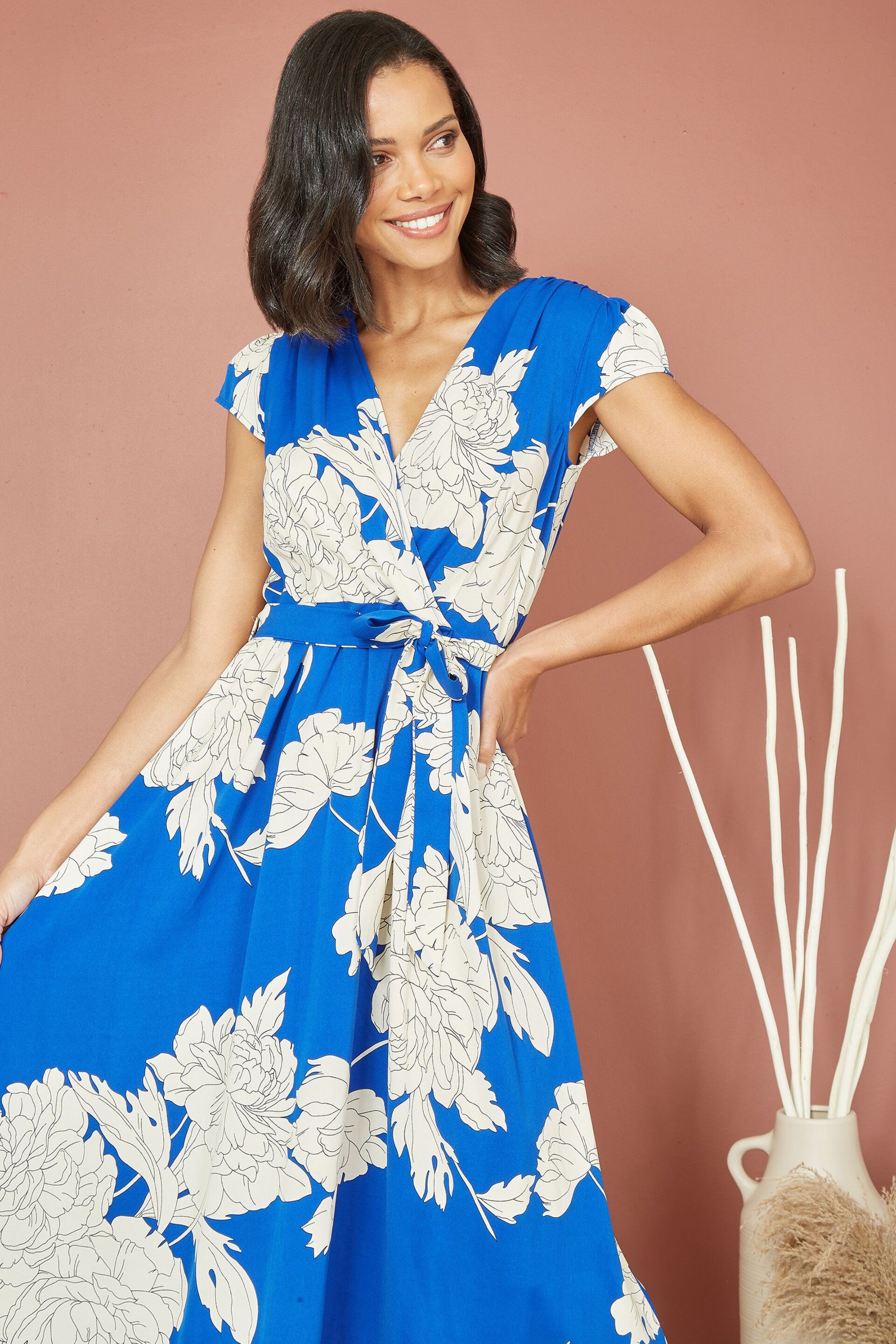 Mela Blue Blossom Print Wrap Midi Dress With Dipped Hem - Image 2 of 5