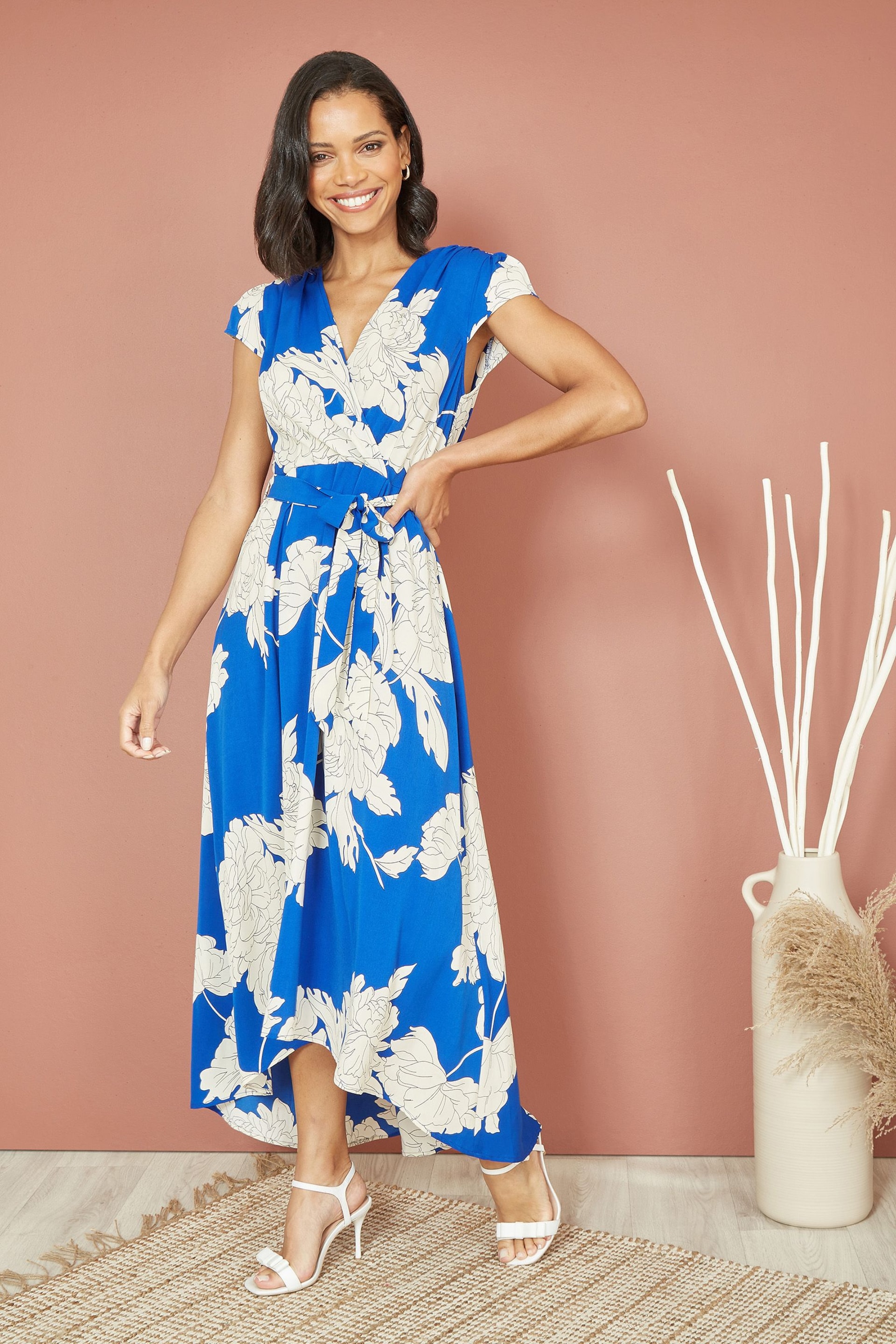 Mela Blue Blossom Print Wrap Midi Dress With Dipped Hem - Image 3 of 5