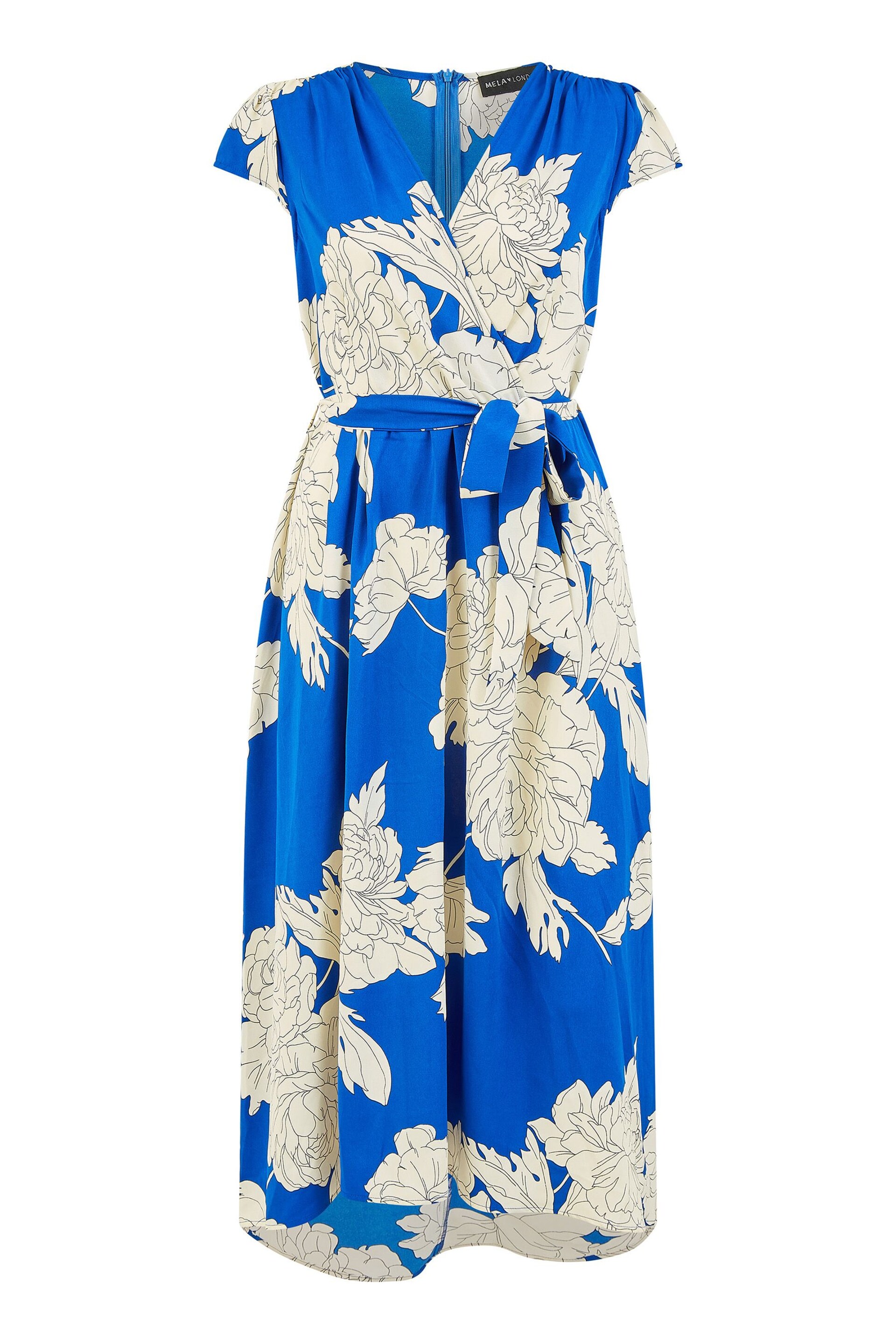 Mela Blue Blossom Print Wrap Midi Dress With Dipped Hem - Image 5 of 5