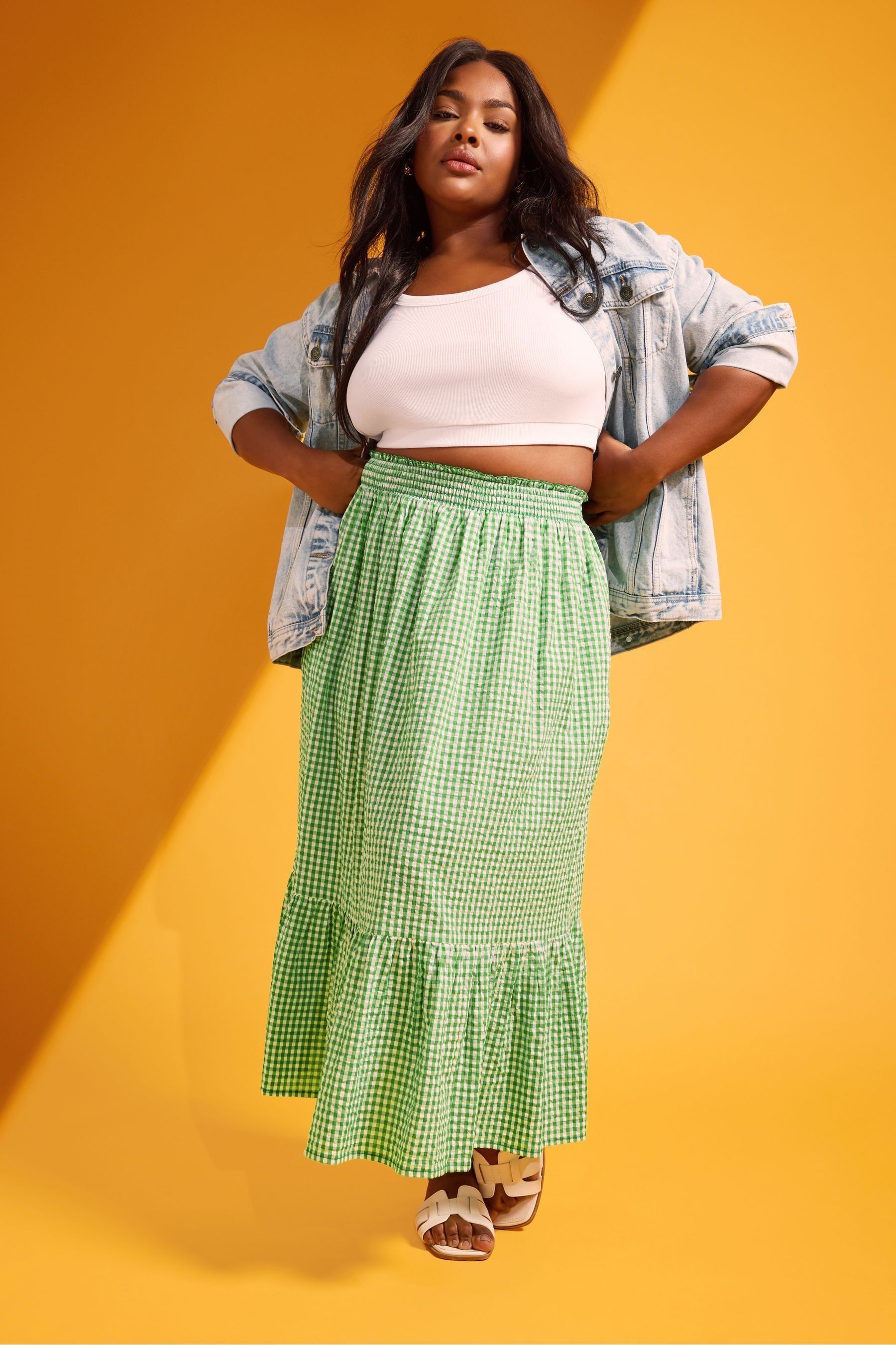 Buy Yours Curve Green Gingham Tiered Pure 100 Cotton Midi Skirt from Next Germany