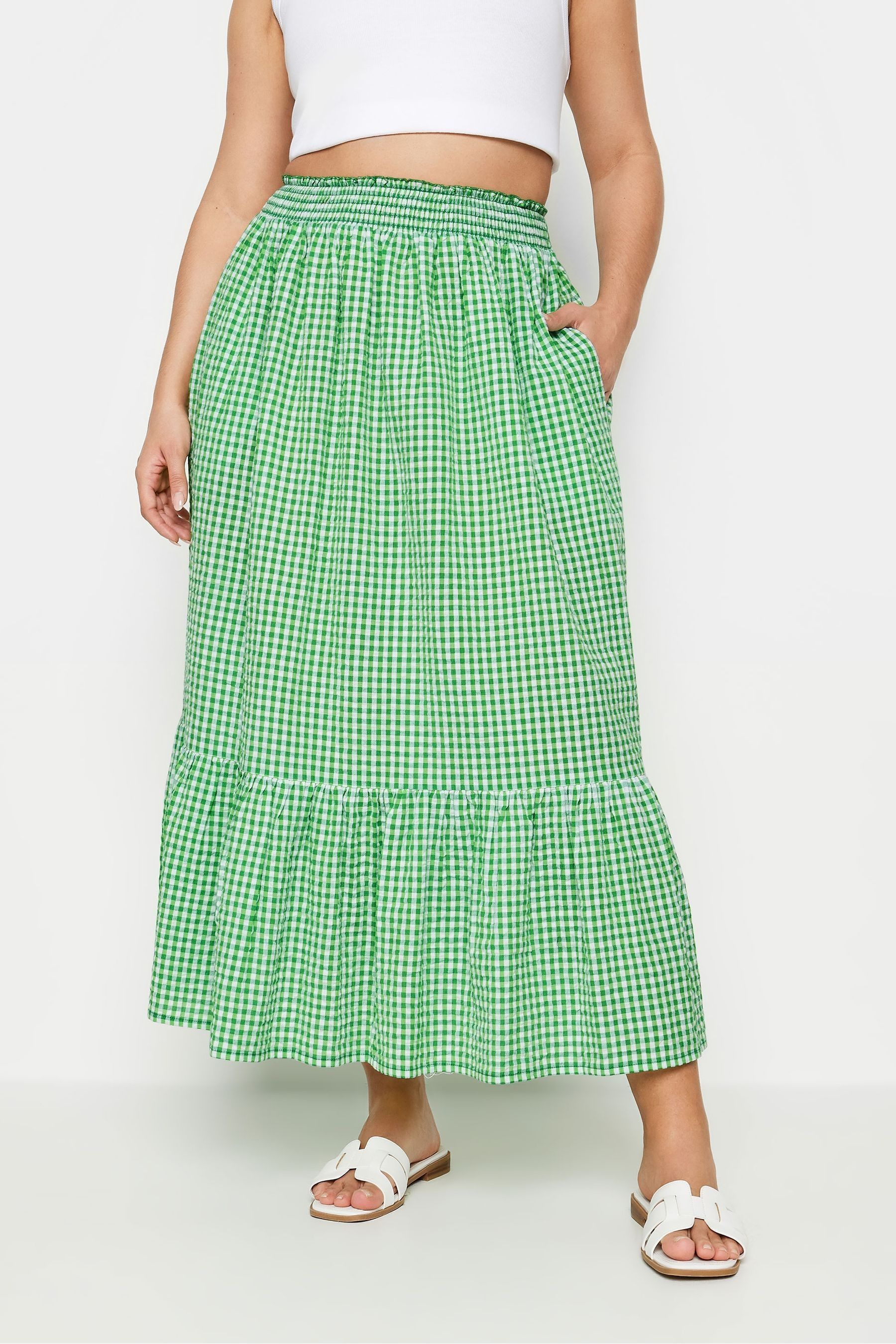 Buy Yours Curve Green Gingham Tiered Pure 100 Cotton Midi Skirt from Next Luxembourg