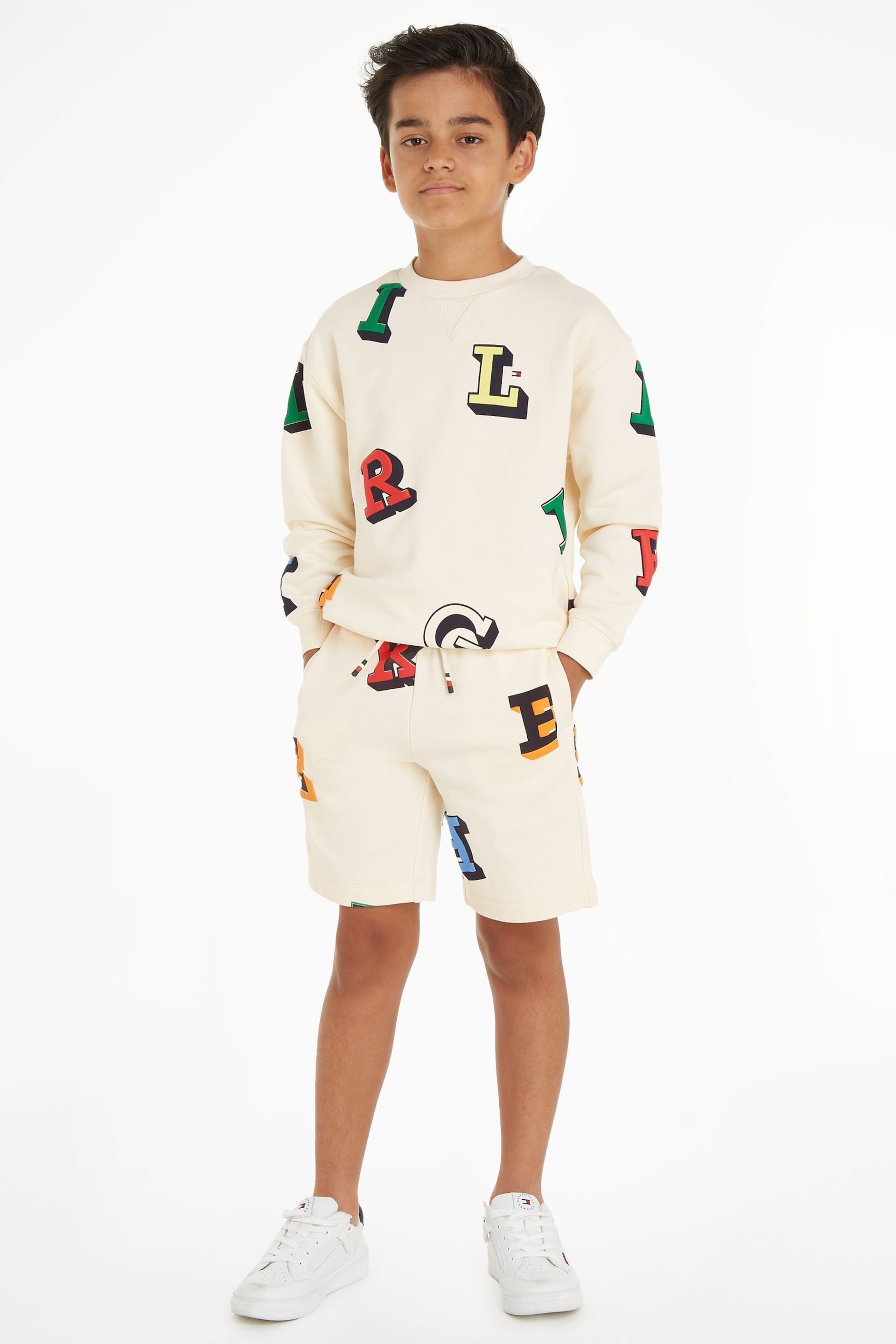 Tommy Hilfiger Cream Monotype All Over Sweatshorts Set - Image 1 of 6