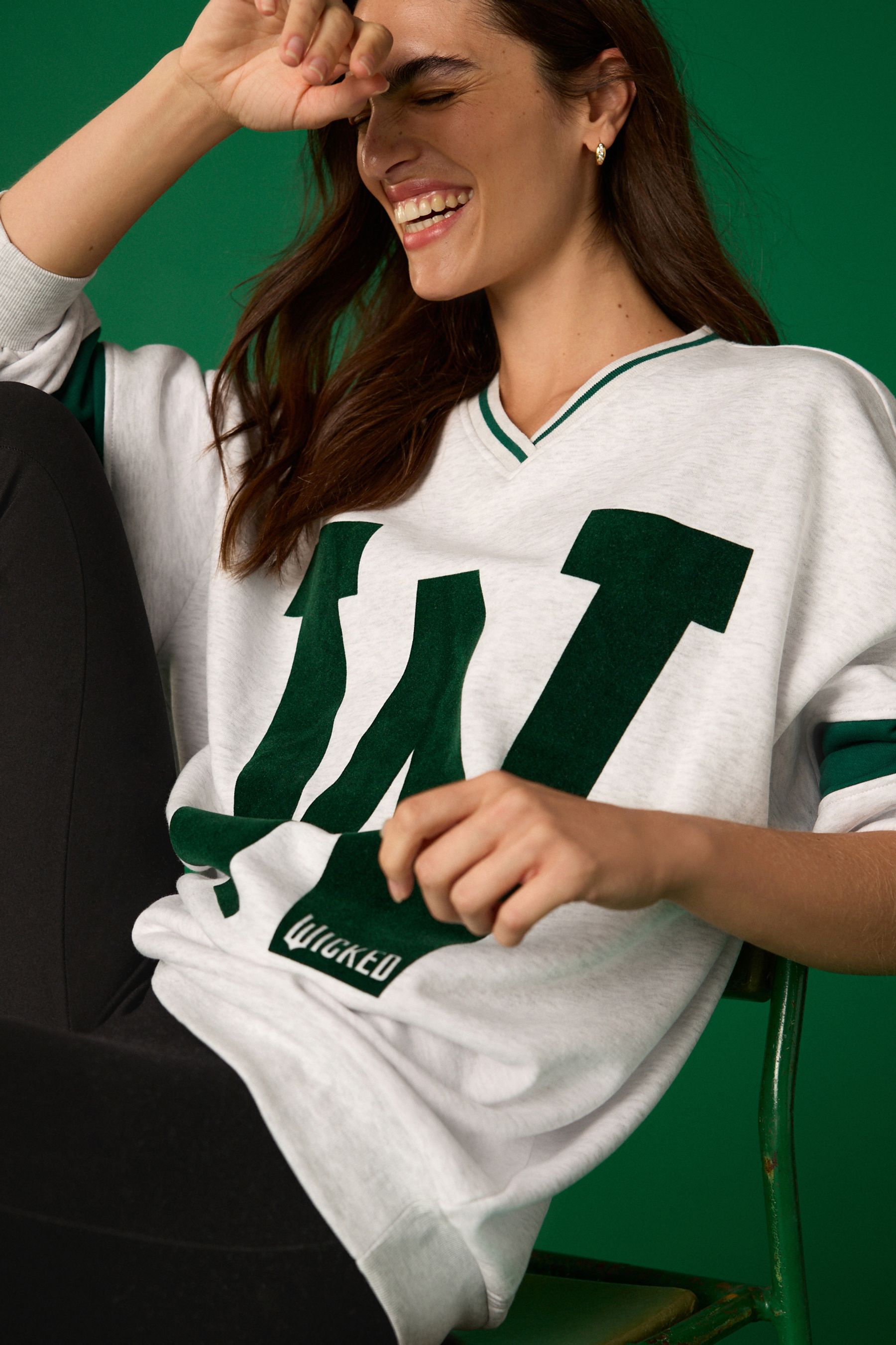 Grey Official Wicked Movie License Varsity Graphic Vee Neck Sweatshirt