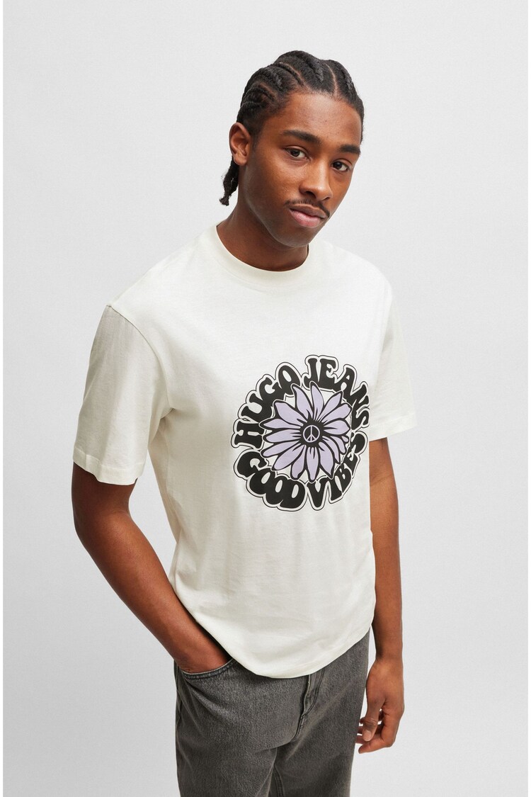 HUGO Blue Retro Floral Logo Graphic T-Shirt - Image 1 of 5