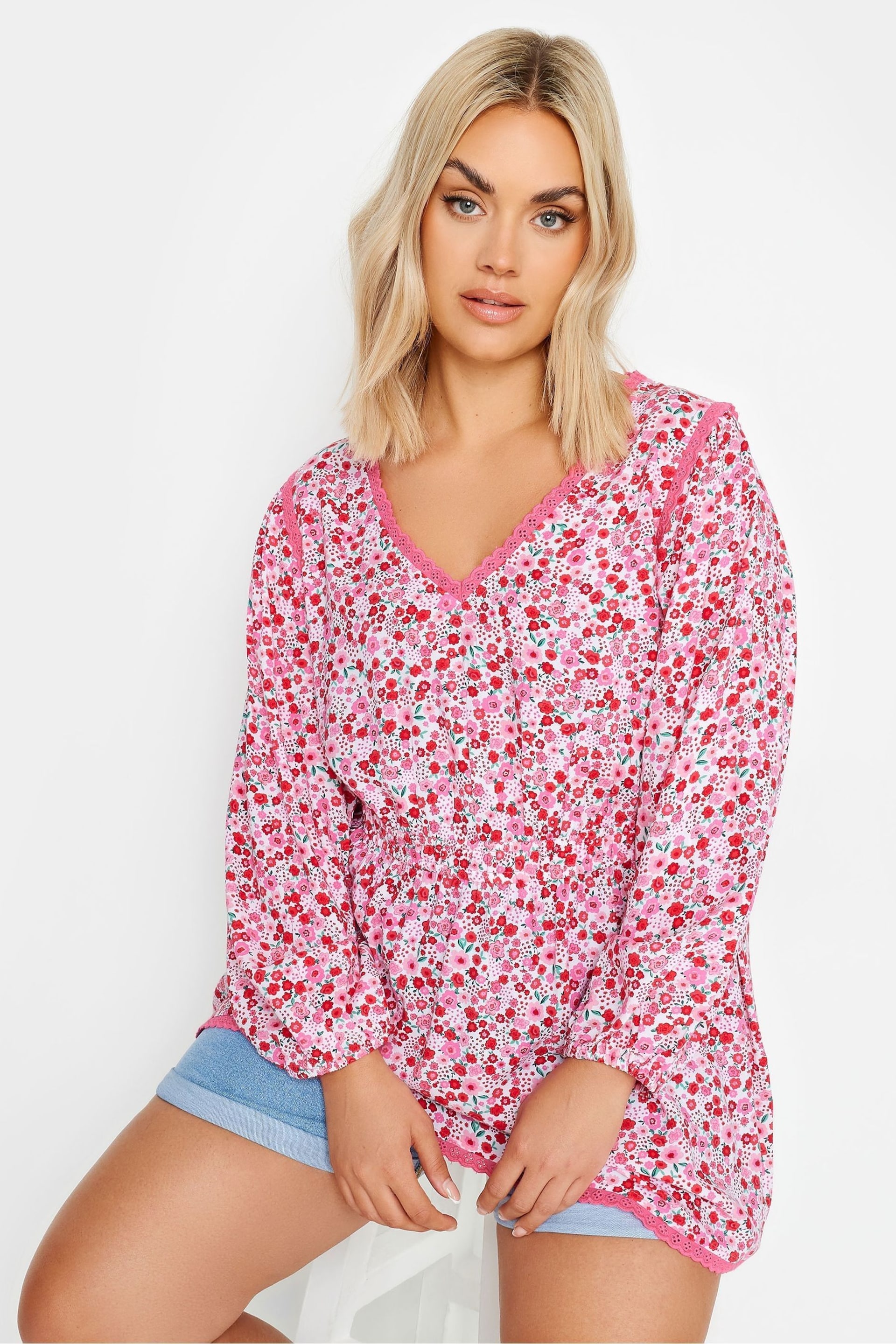 Yours Curve Pink Ditsy Floral Print Smock Top - Image 1 of 5