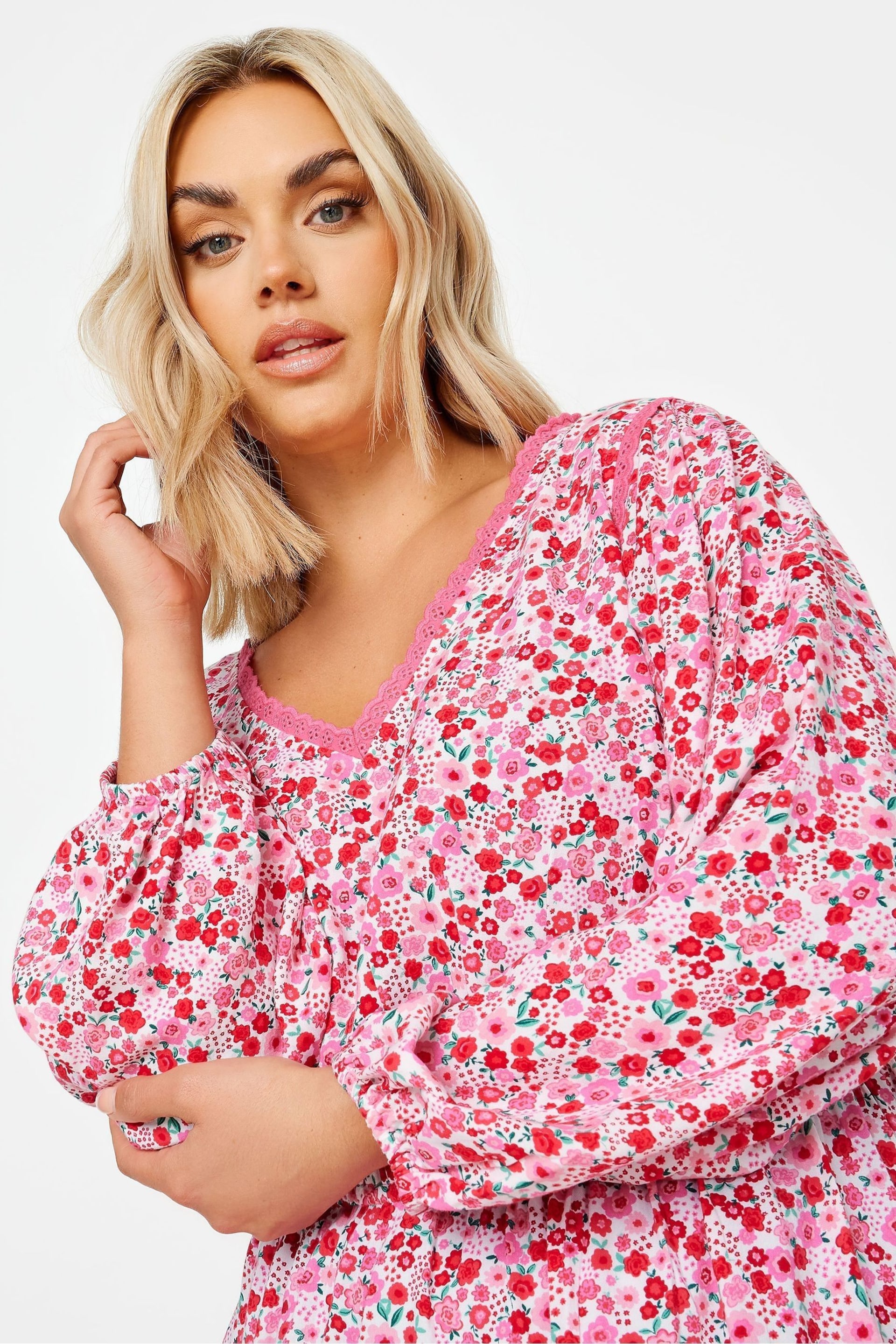 Yours Curve Pink Ditsy Floral Print Smock Top - Image 4 of 5